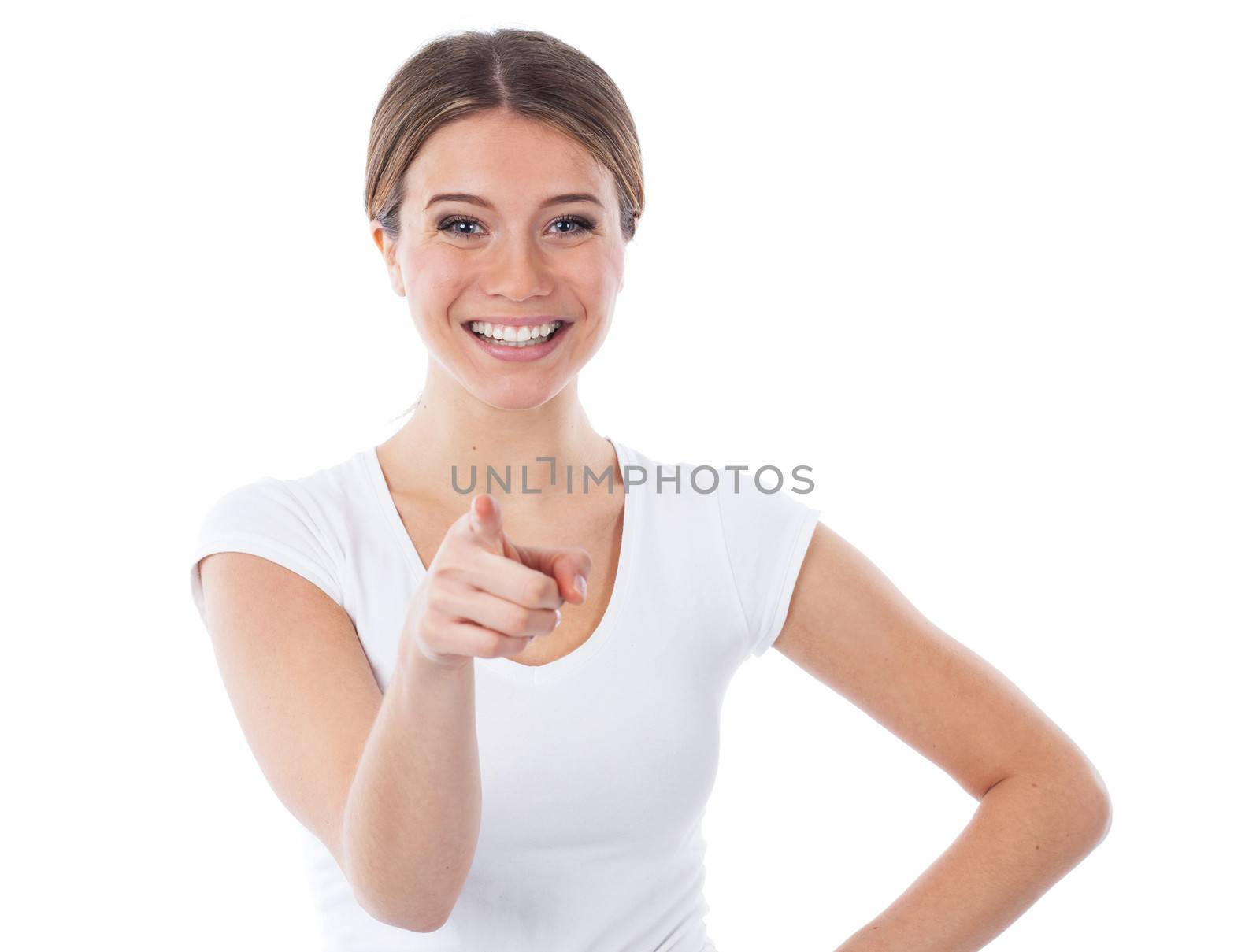 Portrait of a nice woman showing something in front of her, isolated on white