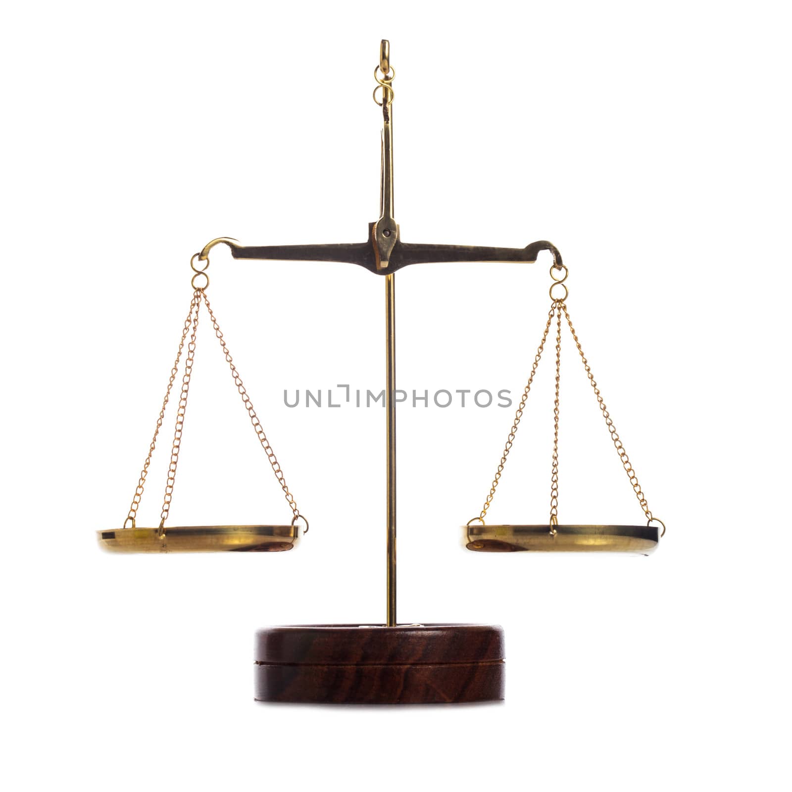 Balanced golden vintage scales isolated on white