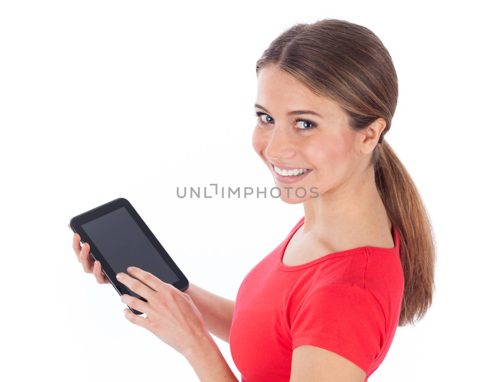 Smiling girl presenting a blank electronic tablet, communication concept