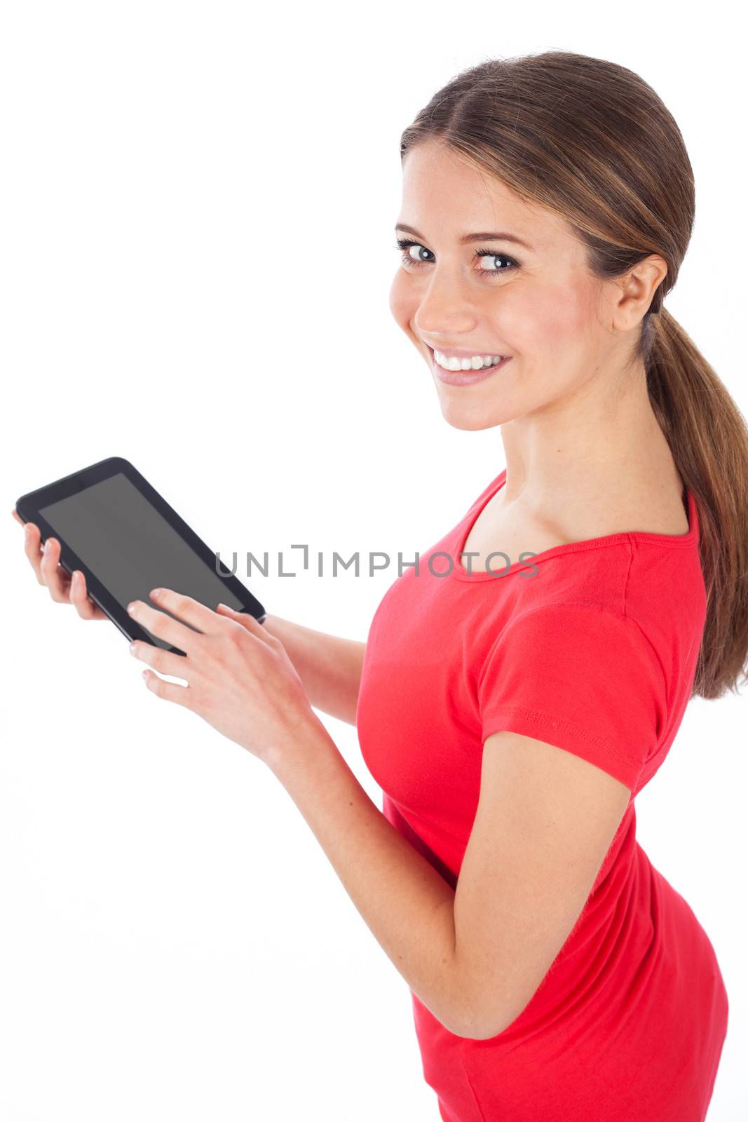 Smiling girl with a blank tablet pc, communication concept