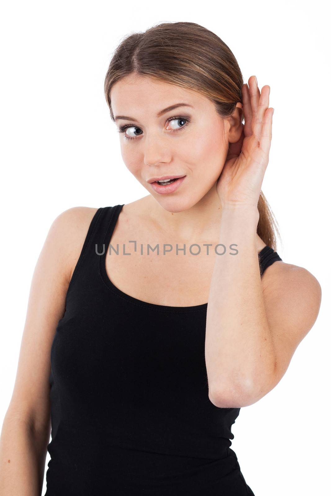 Woman trying to listen something, isolated on white