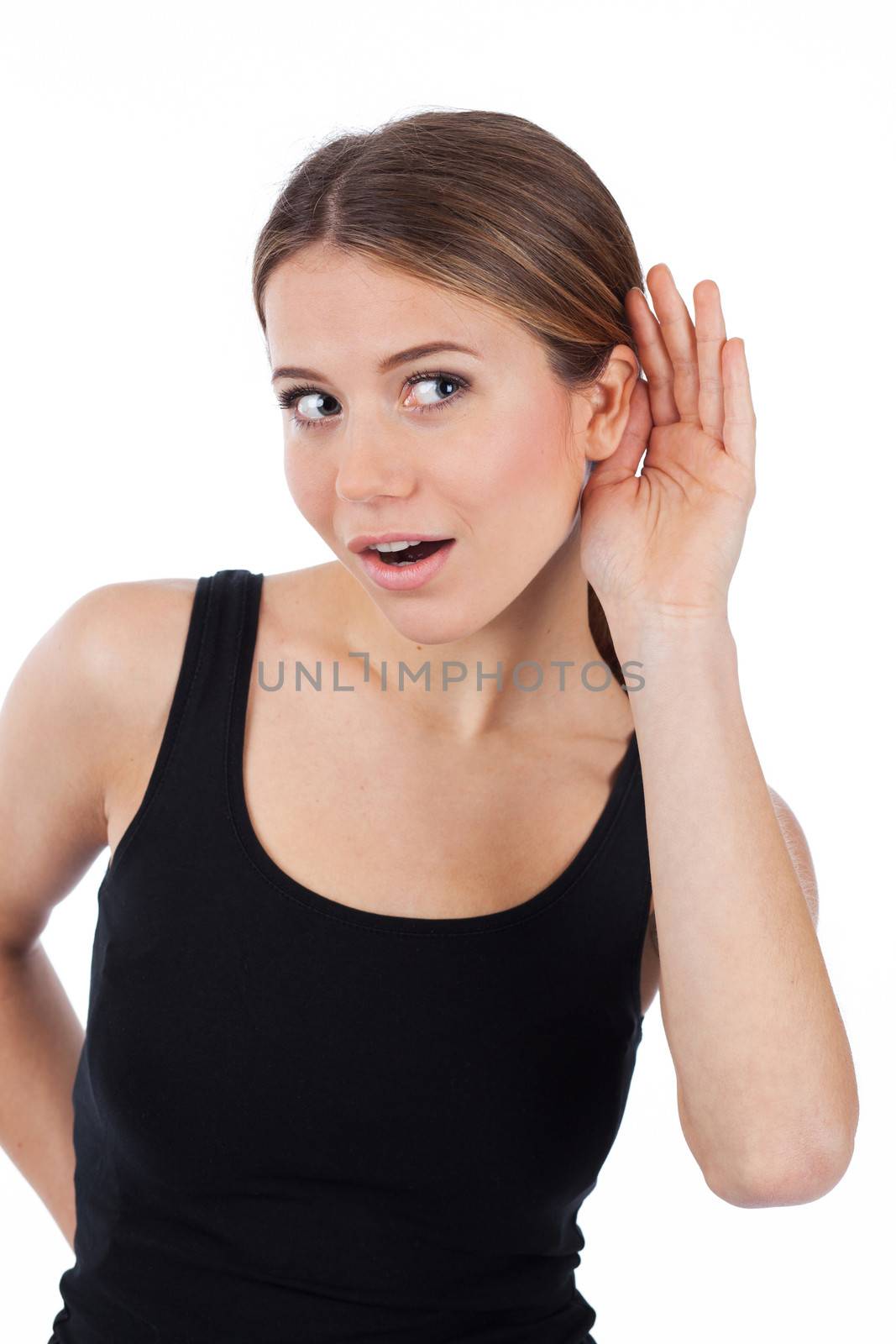 Woman curious trying to listen something, isolated on white
