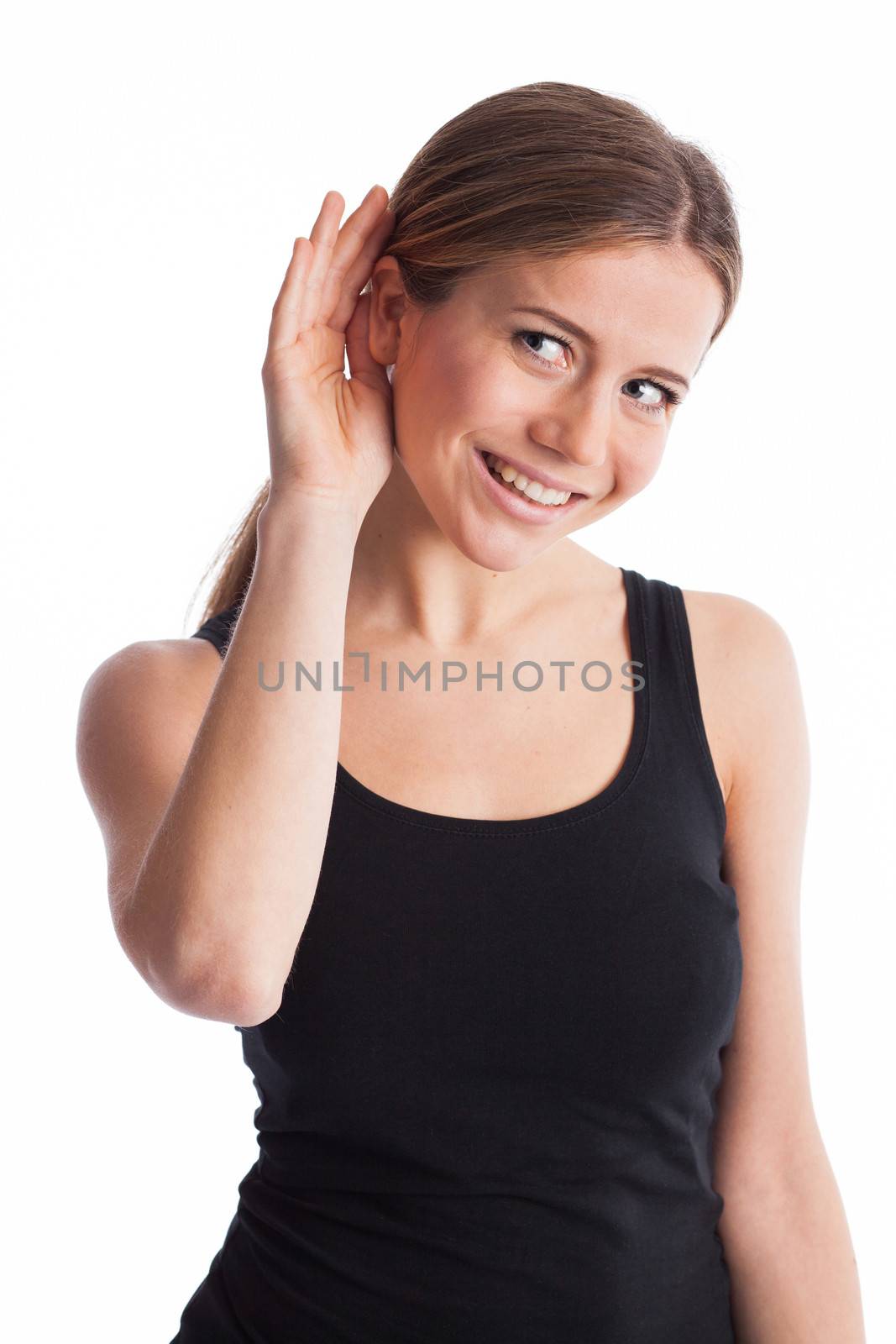 Woman curious listening something, isolated on white