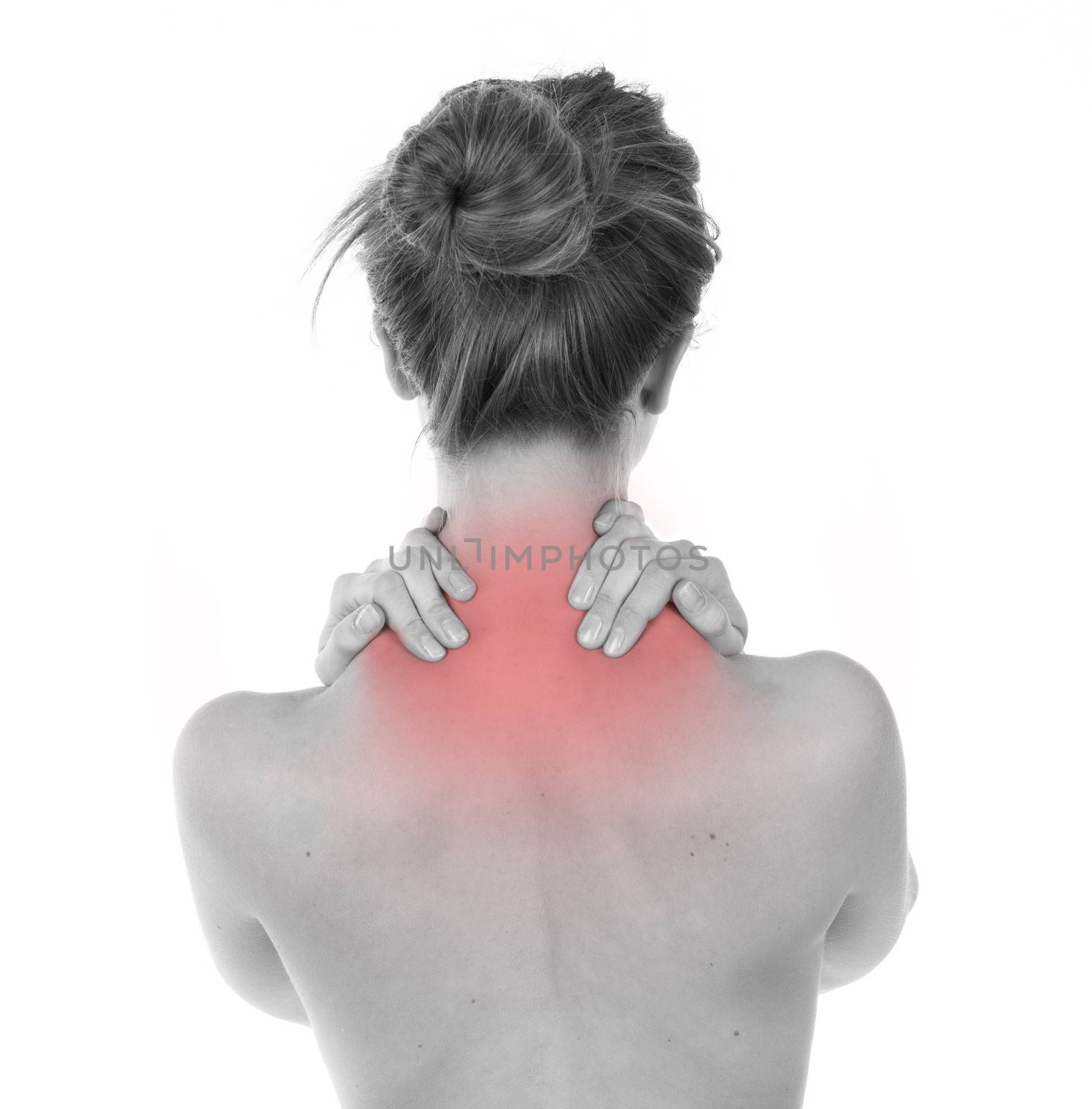 Woman having nape and trapezius ache, isolated on white