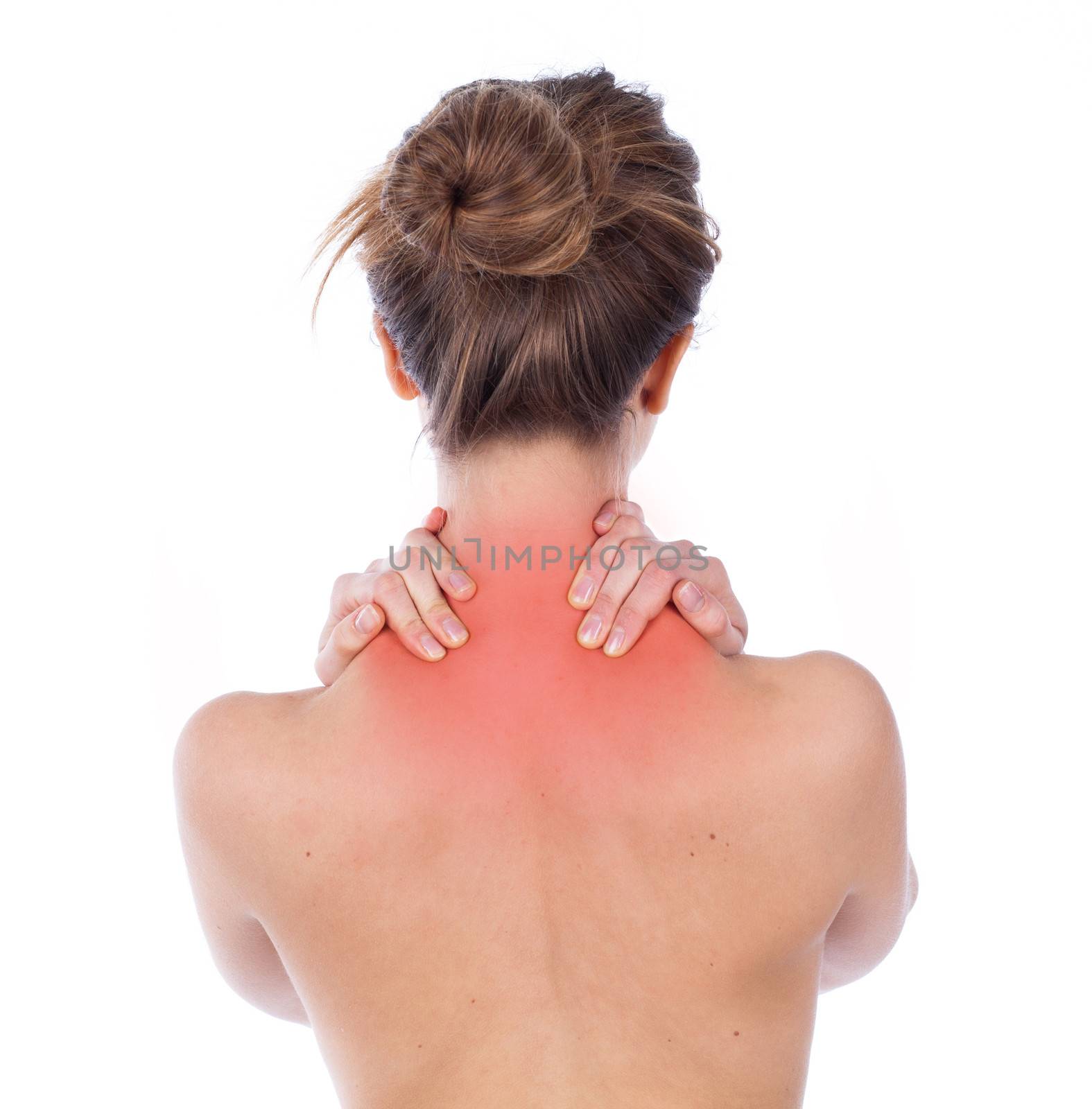 Woman suffering from upper back, isolated on white