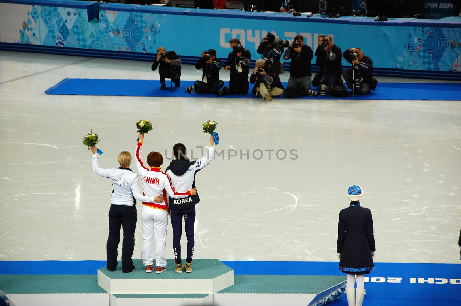 Short-trek speed skating ladies 1500 meters flower ceremony at XXII Winter Olympic Games Sochi 2014, Russia, 15.02.2014