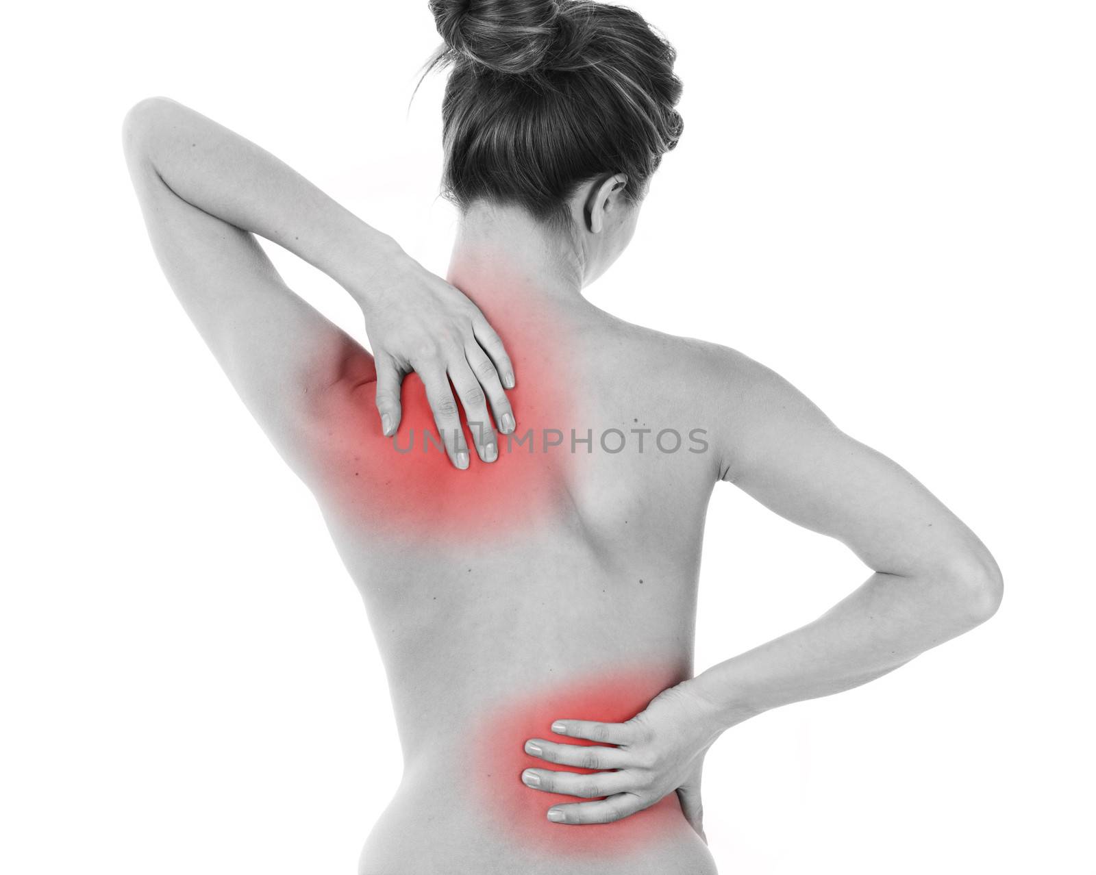 Woman having backache, isolated on white