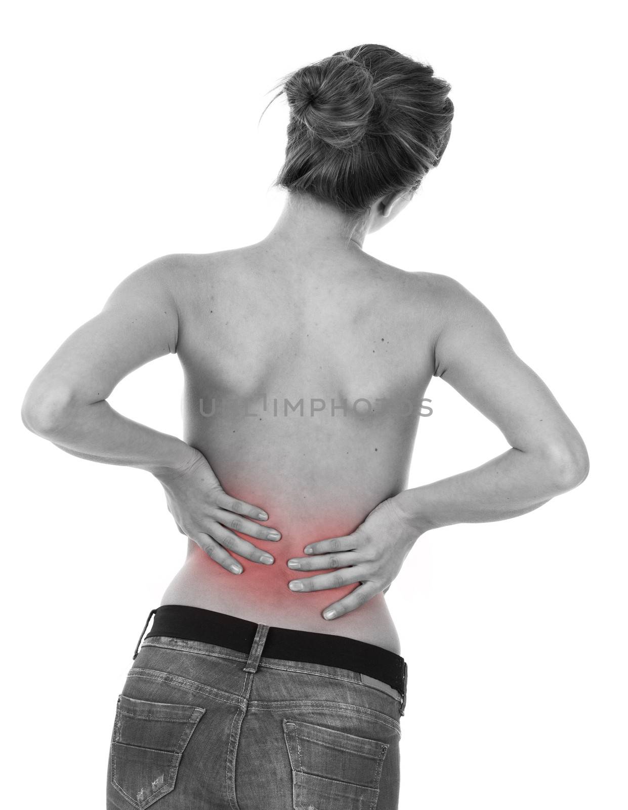 Woman having ache on lower back, isolated on white