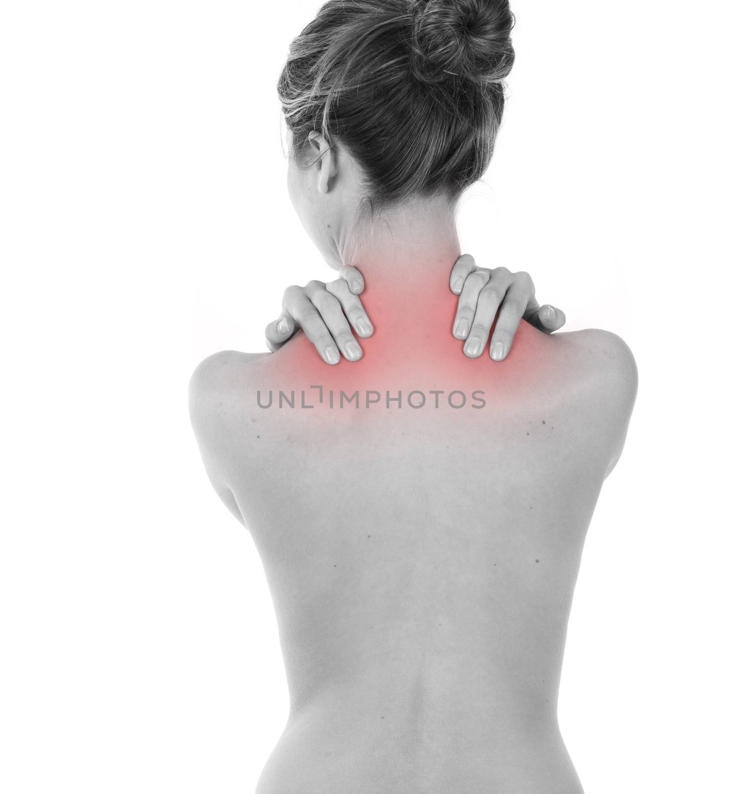 Woman having neck and trapezius pain, isolated on white