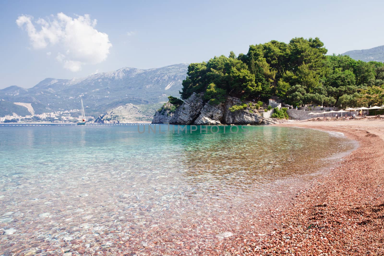 Adriatic seashore with rocks and pebble, St. Stefan, Montenegro