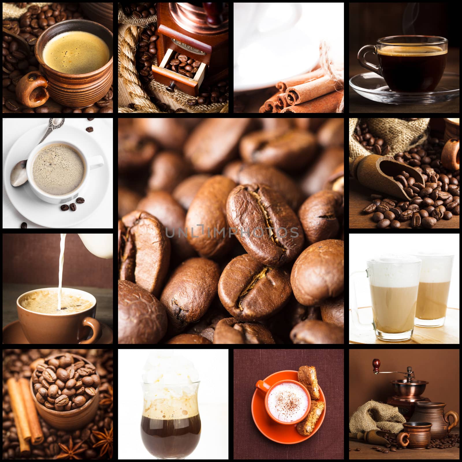 Various types of coffee, cappuccino, latte, and roasted beans. 