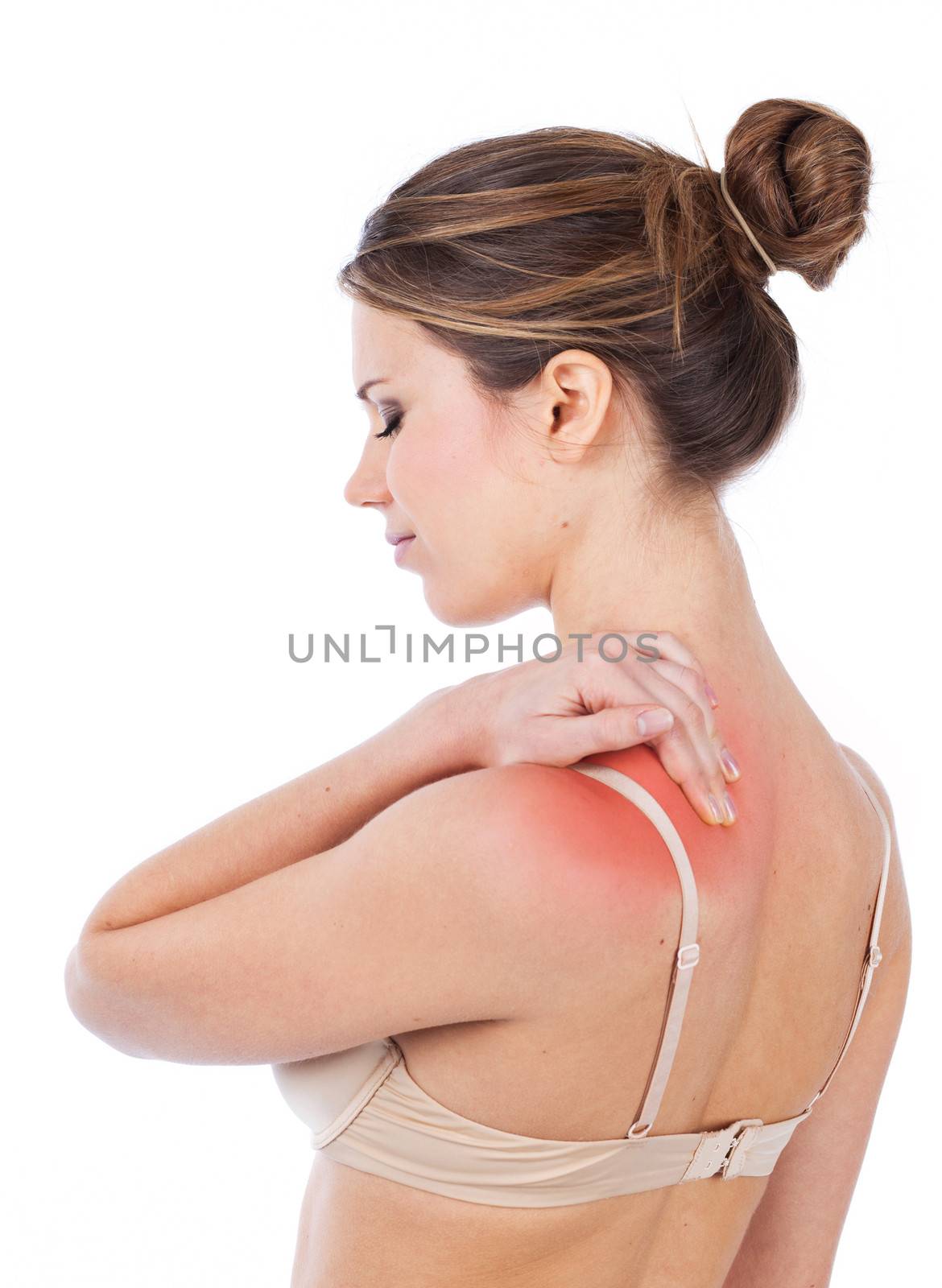 Woman suffering from upper back, isolated on white