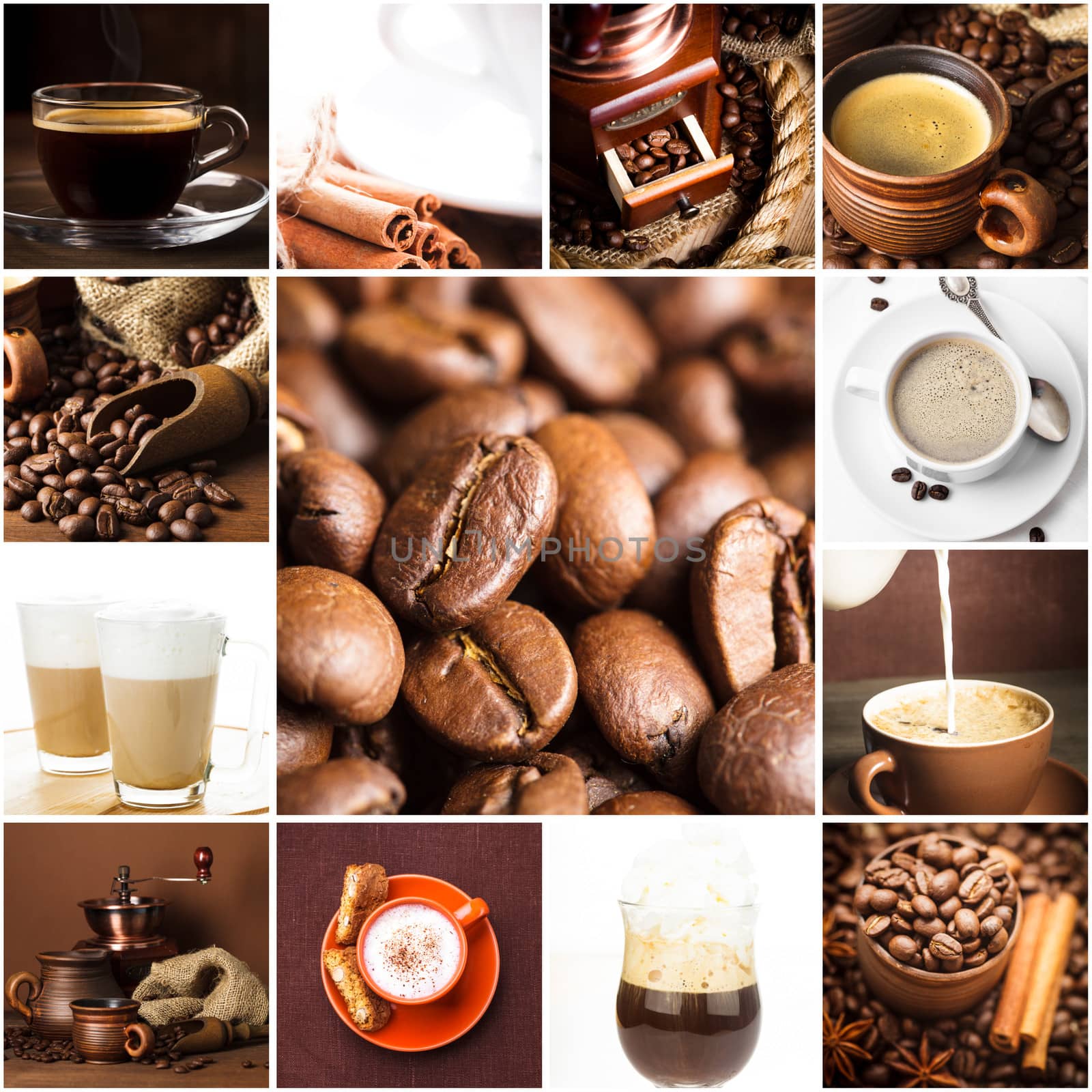 Aromatic coffee, cappuccino, latte, and roasted beans for menu design