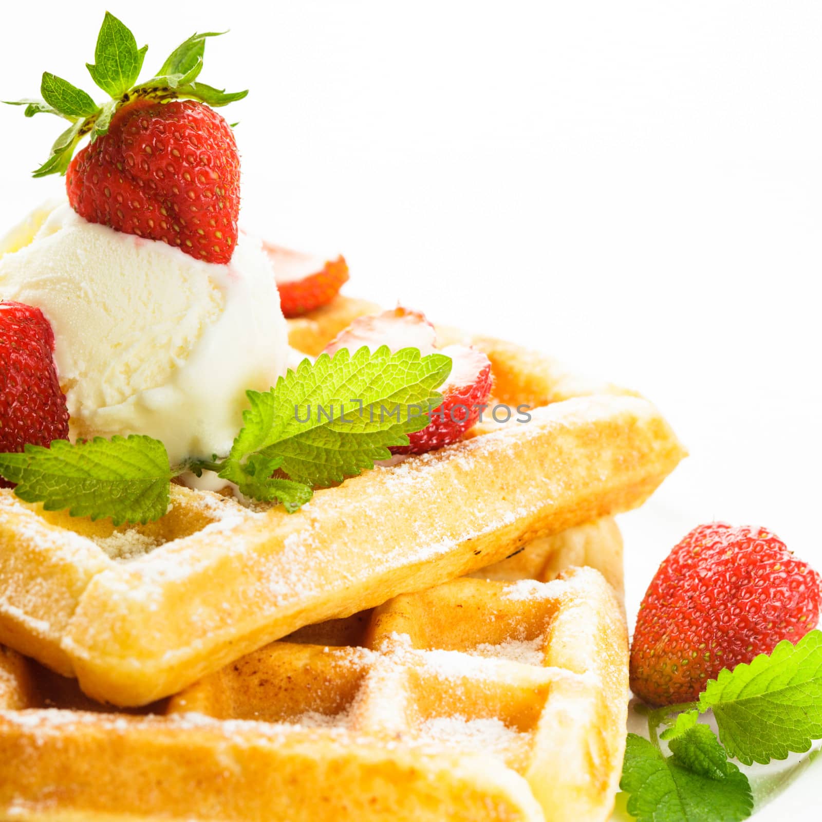 Sweet food - waffles with strawberry and ice cream