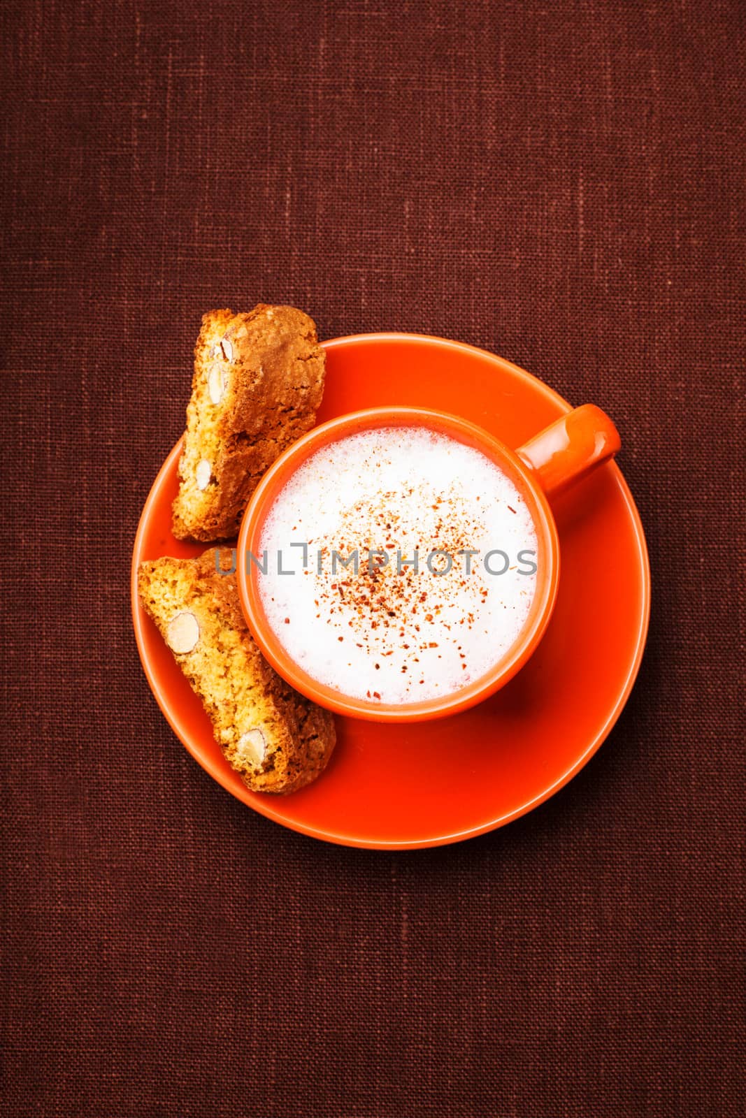 cappuccino cup with cantuccini on the brown napkin