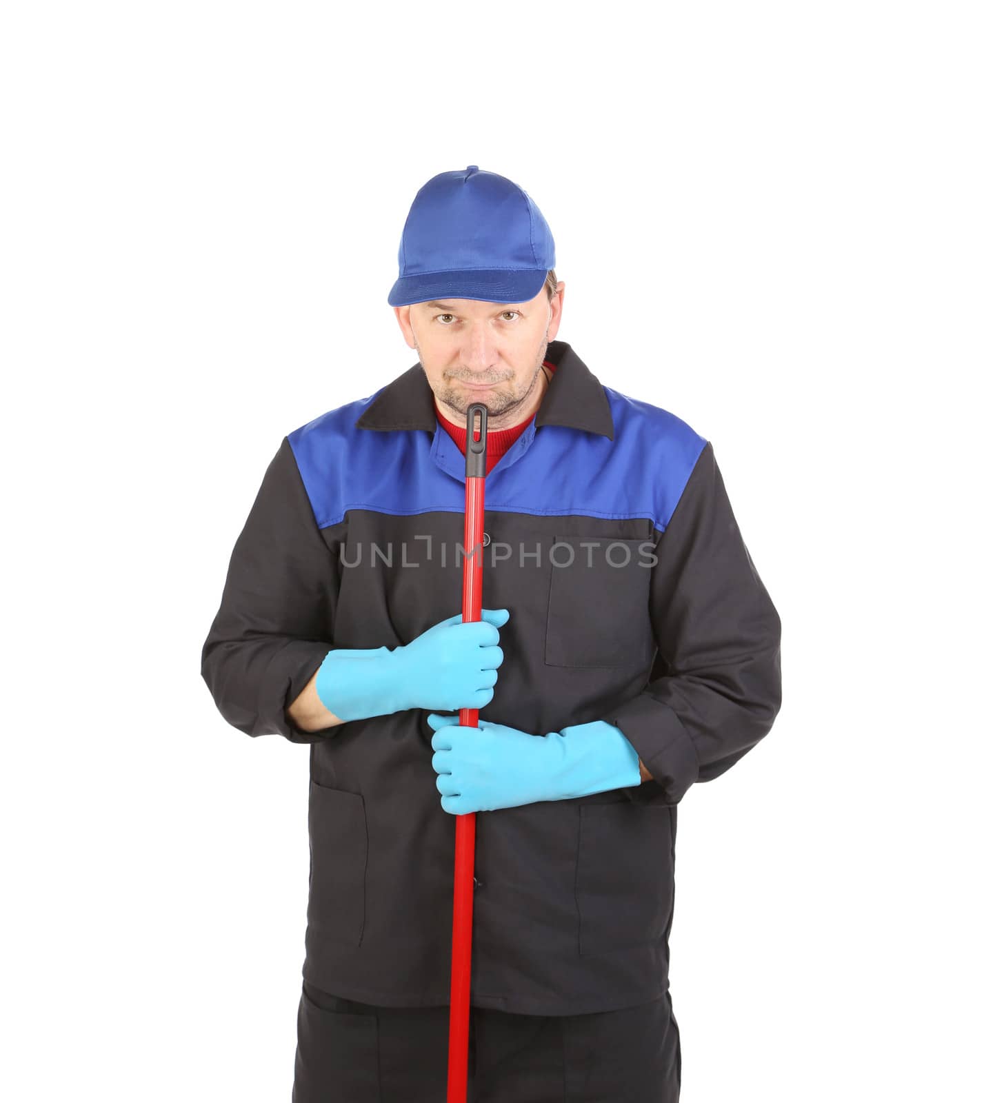 Man in workwear with mop. Isolated on a white background.