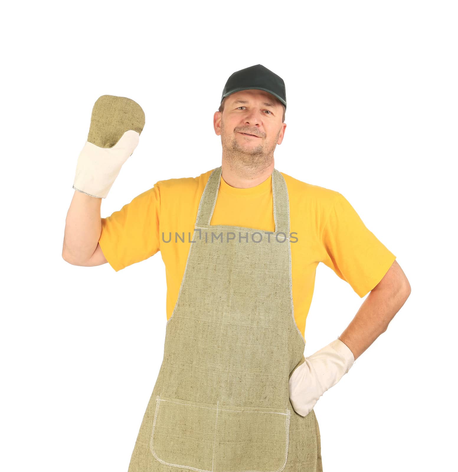 Welder in apron with mittens. Isolated on white background