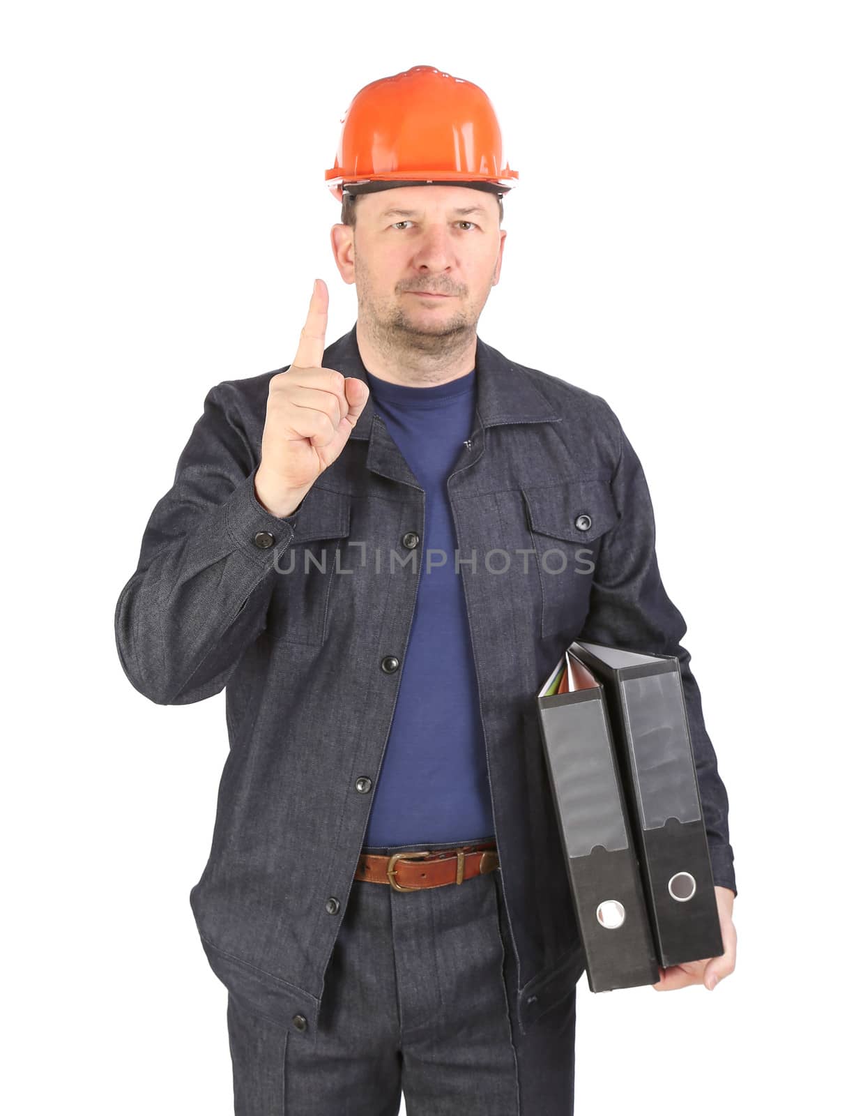 Man holding folders.  Isolated on a white background.