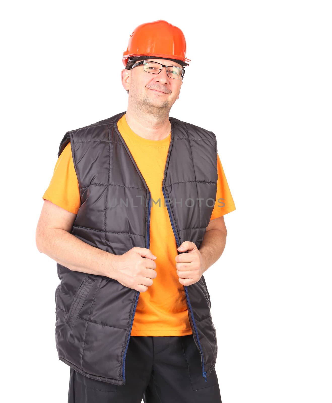 Foreman in helmet and vest. Isolated on a white background.