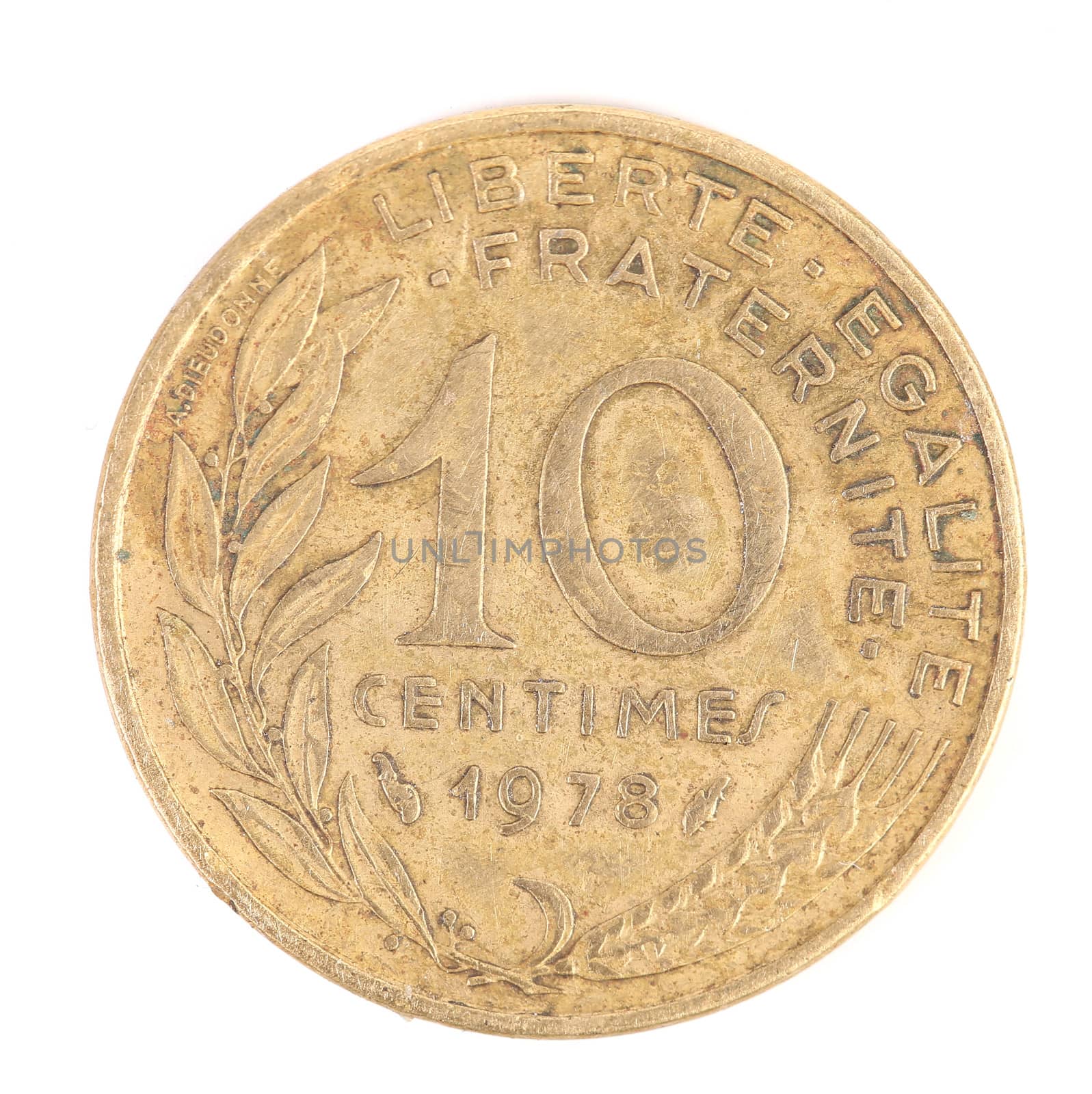 French 1978 Ten Centimes coin. Isolated on a white background.