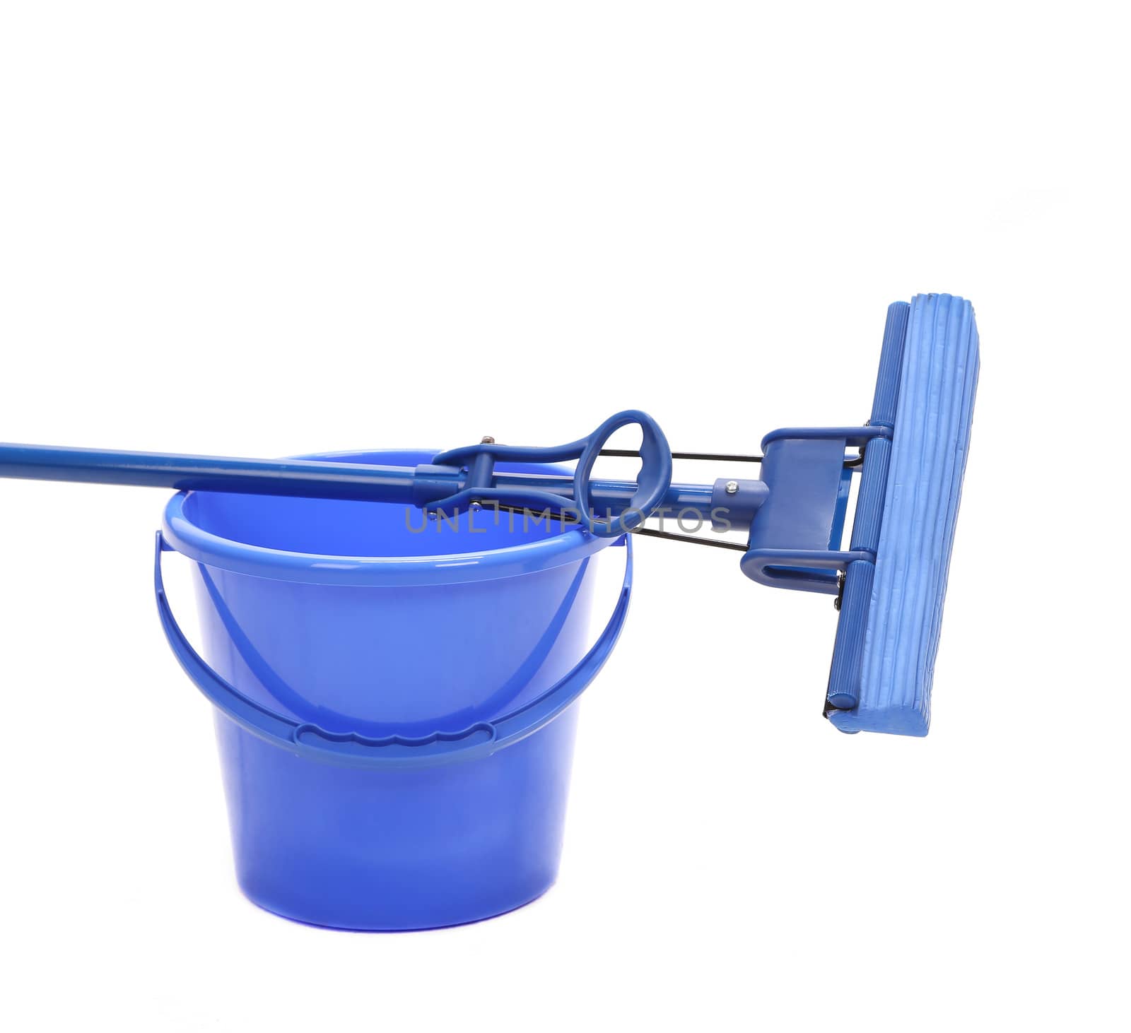Blue bucket with sponge mop. Isolated on a white background.