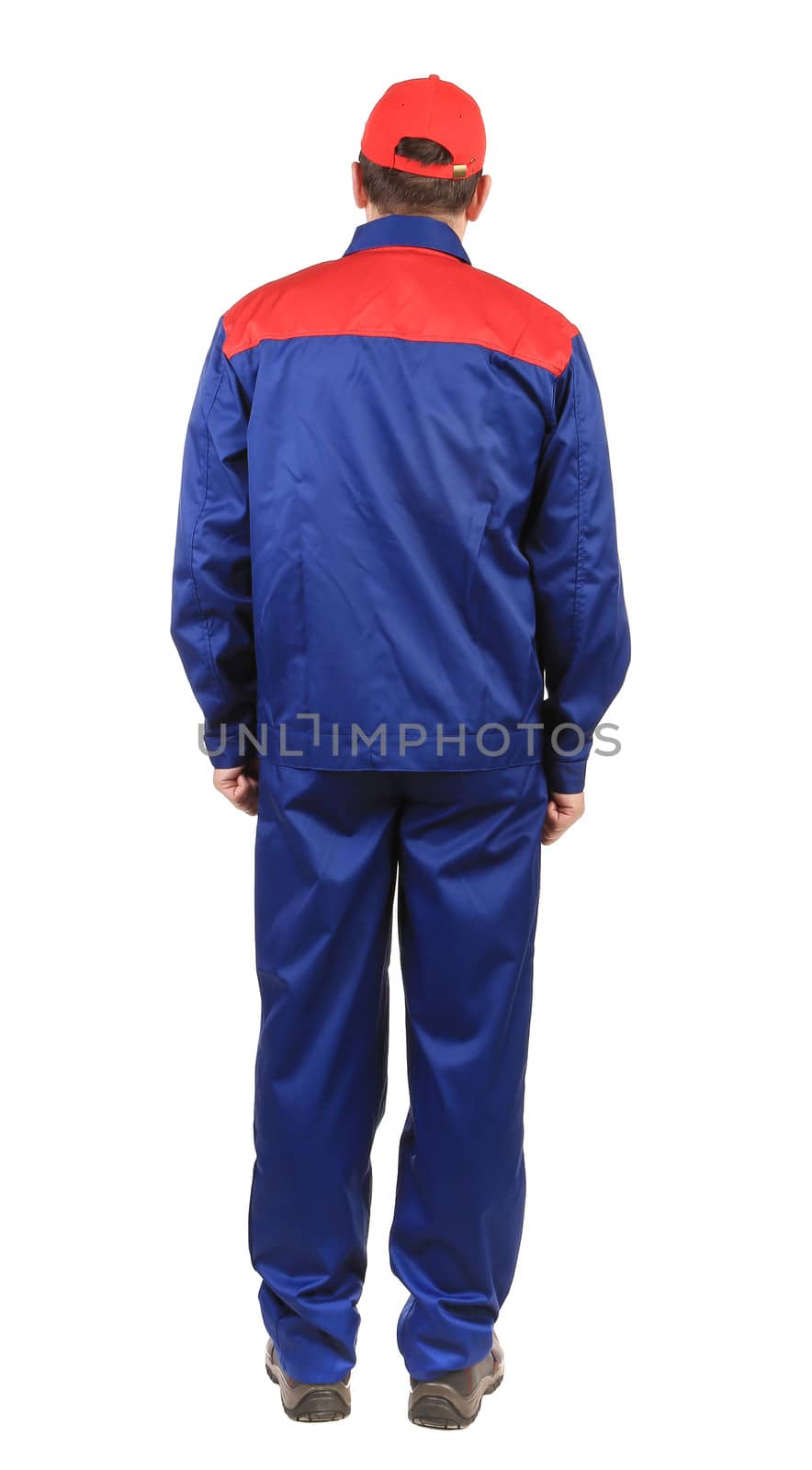 Man in blue and red overalls.Isolated on a white background