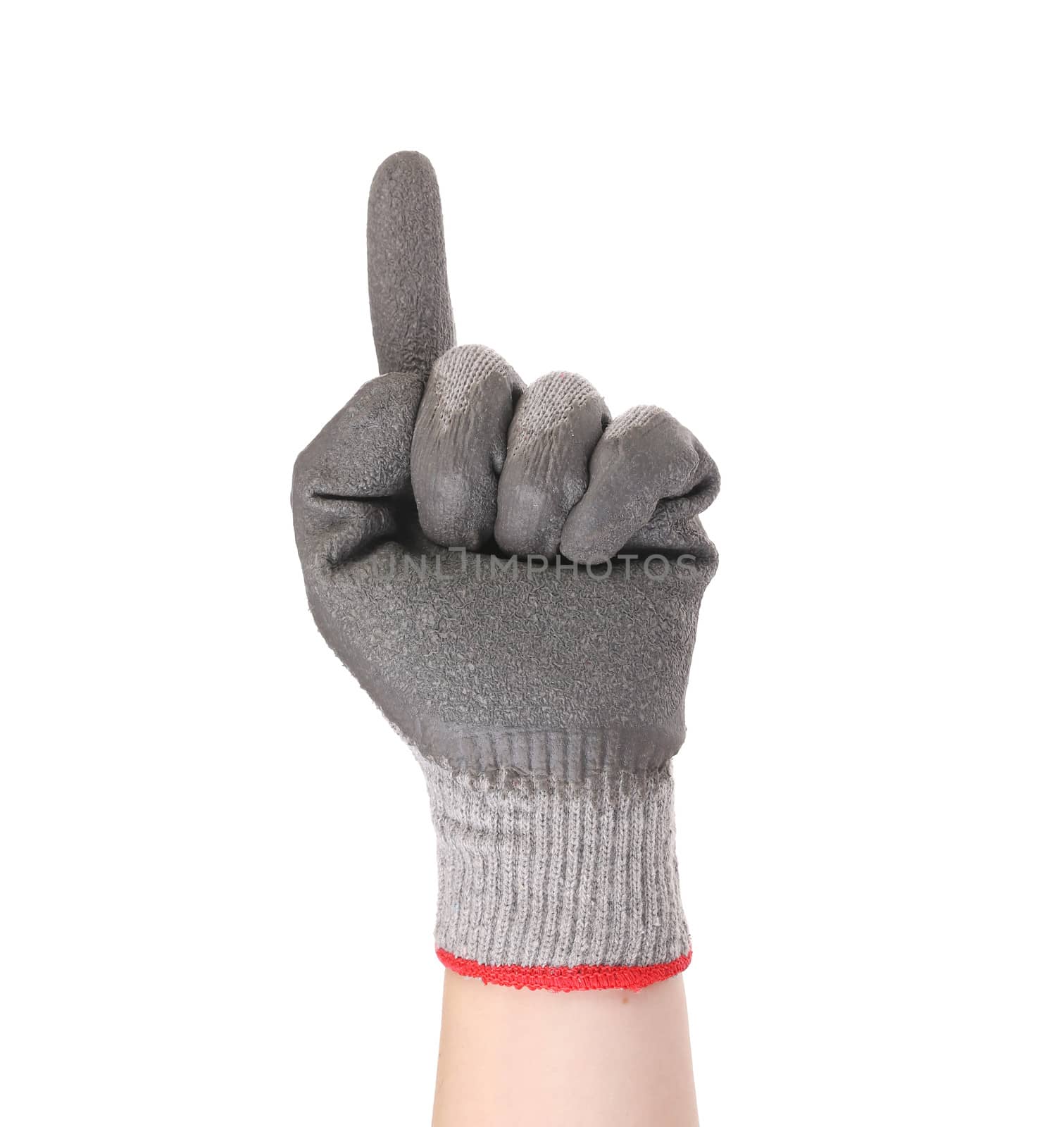 Hand in rubber gloves shows one. Isolated on a white background.