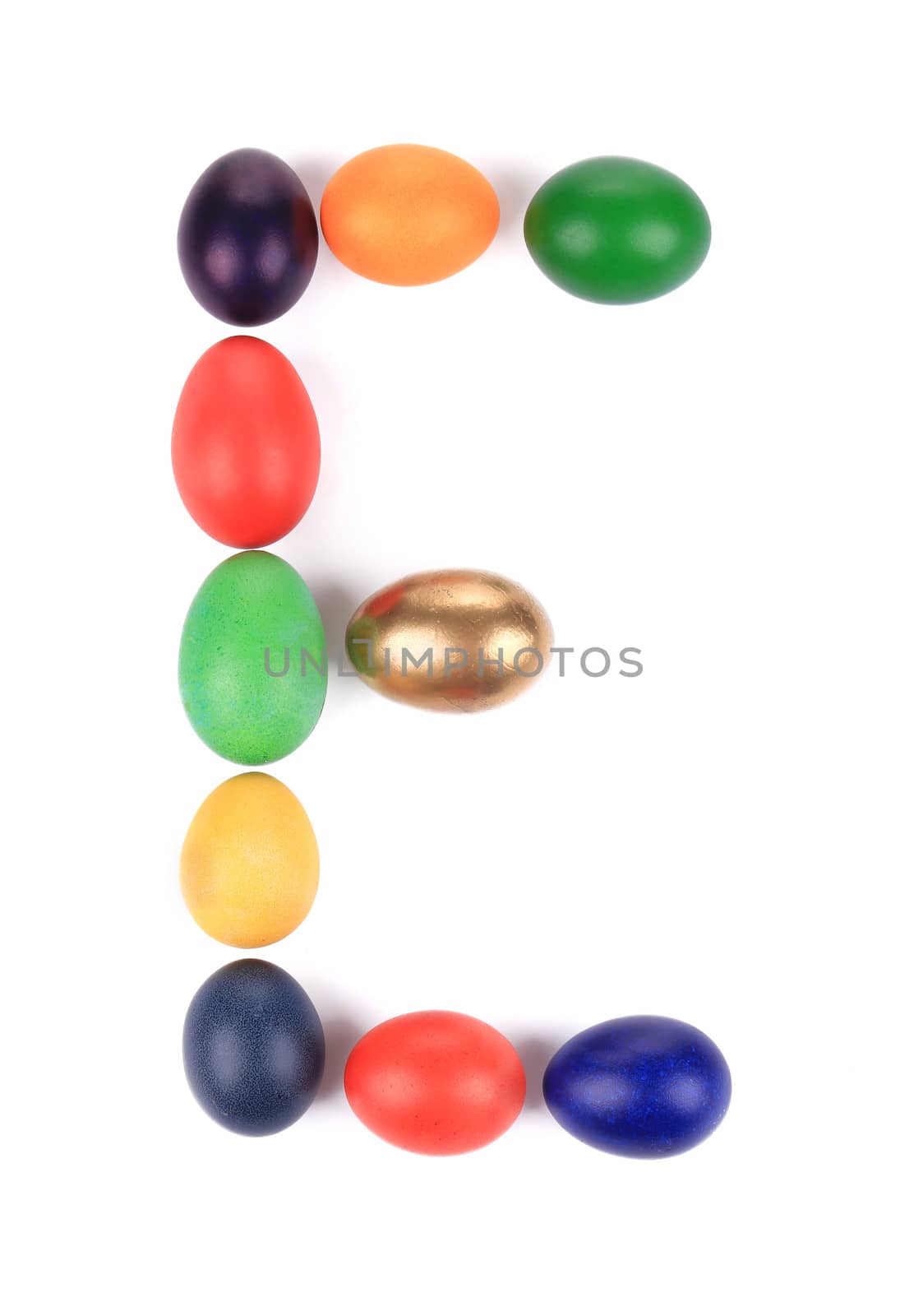 Letter E from the eggs for easter. Isolated on a white background.