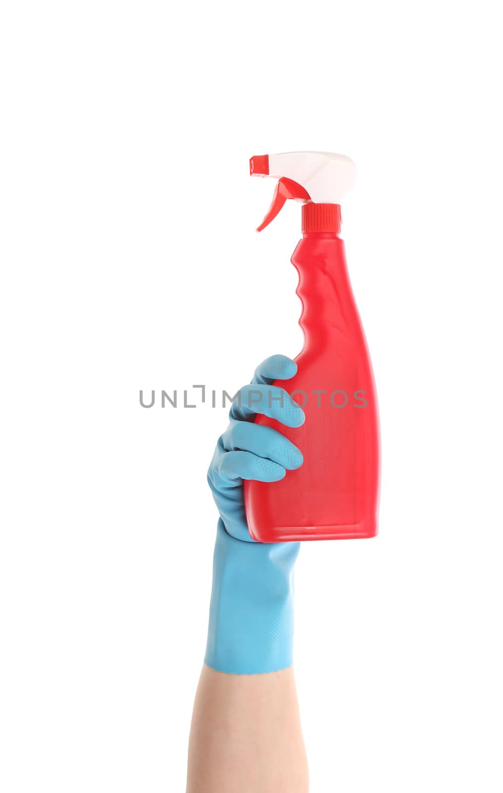Hand in gloves holds spray bottle. Isolated on a white background.