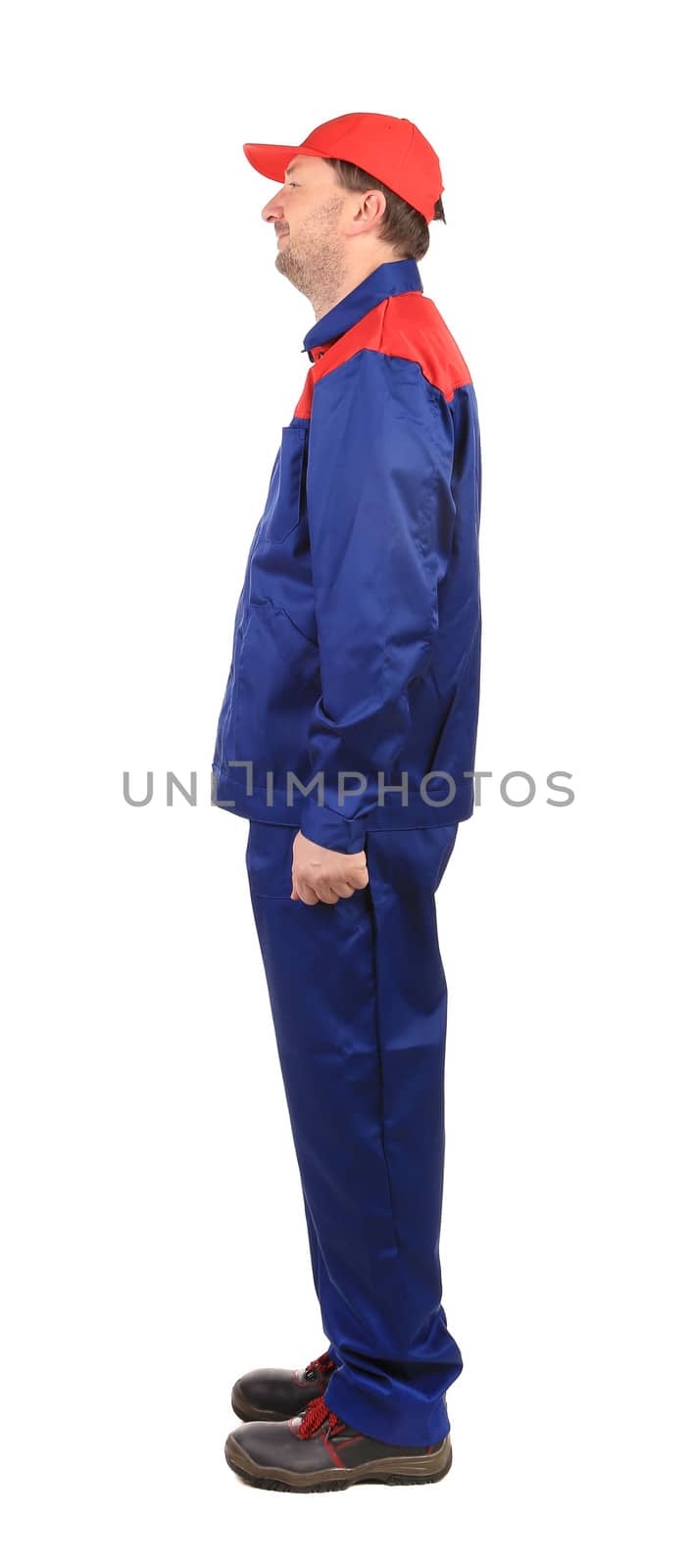 Man in blue and red overalls.Isolated on a white background