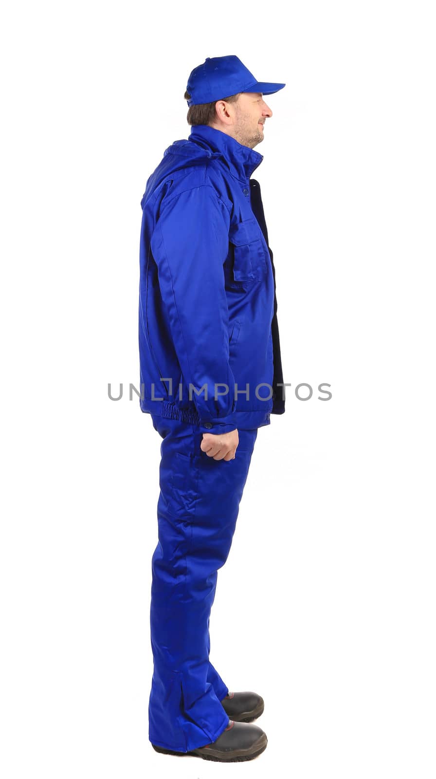 Worker in blue uniform. Isolated on a white background.