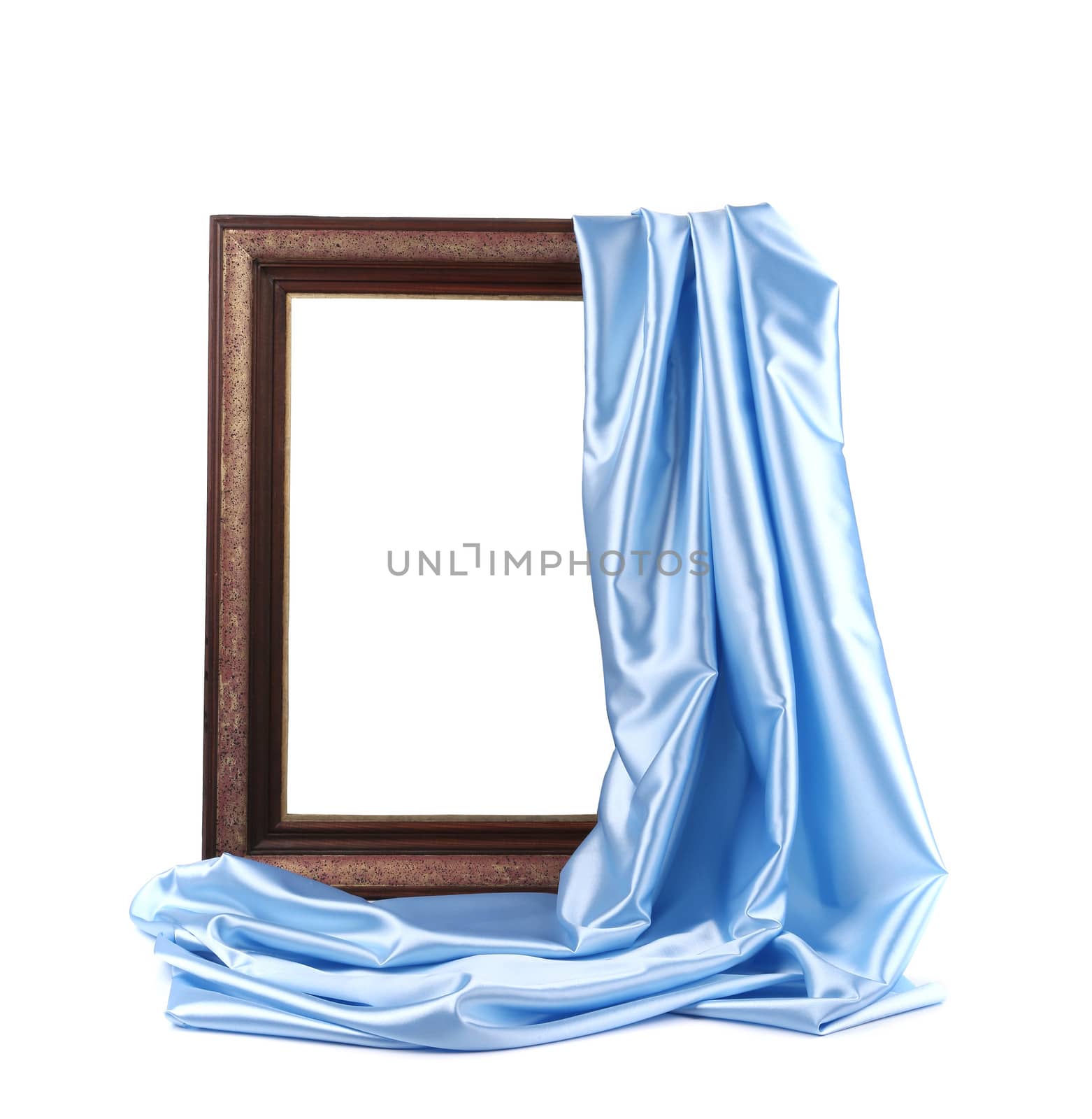 Wooden frame with blue silk. On a white background.