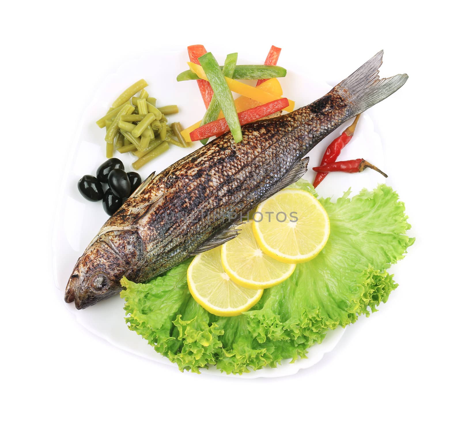 Grilled seabass on plate. Isolated on a white background.