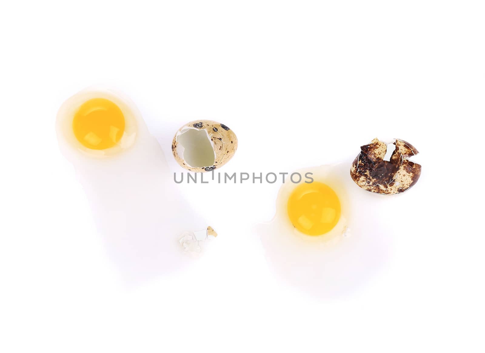 close up of raw broken quail eggs. Isolated on a white background