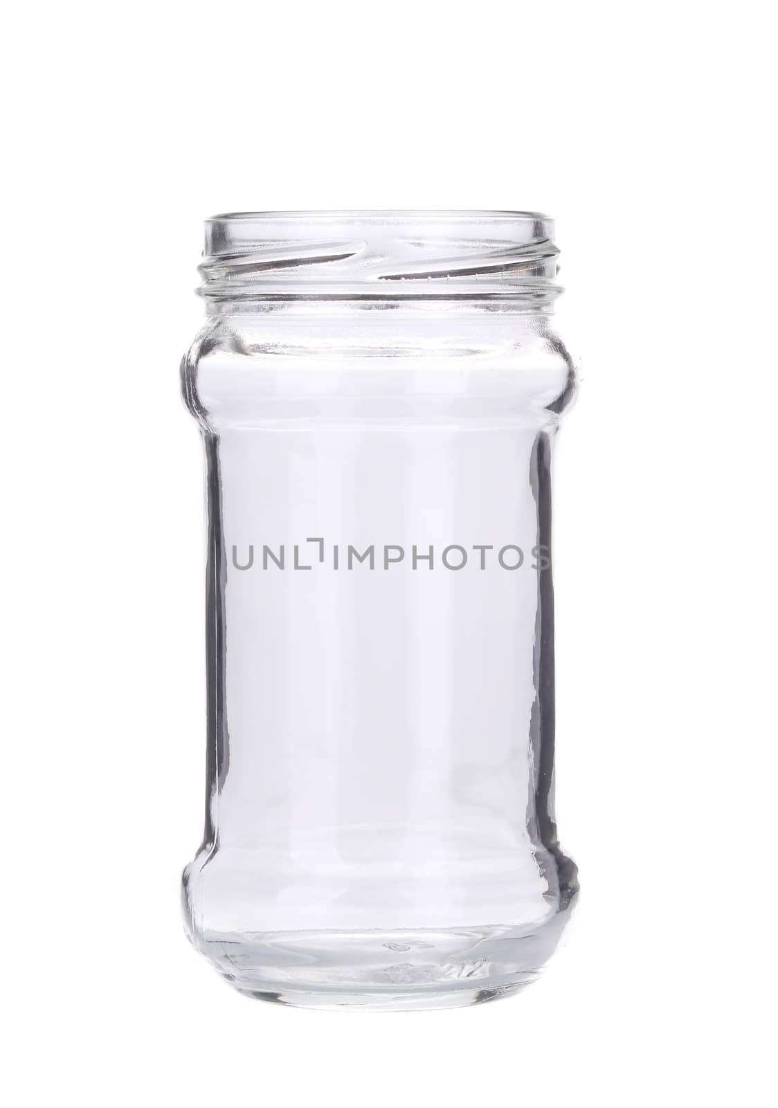 Open empty glass jar. Isolated on white background
