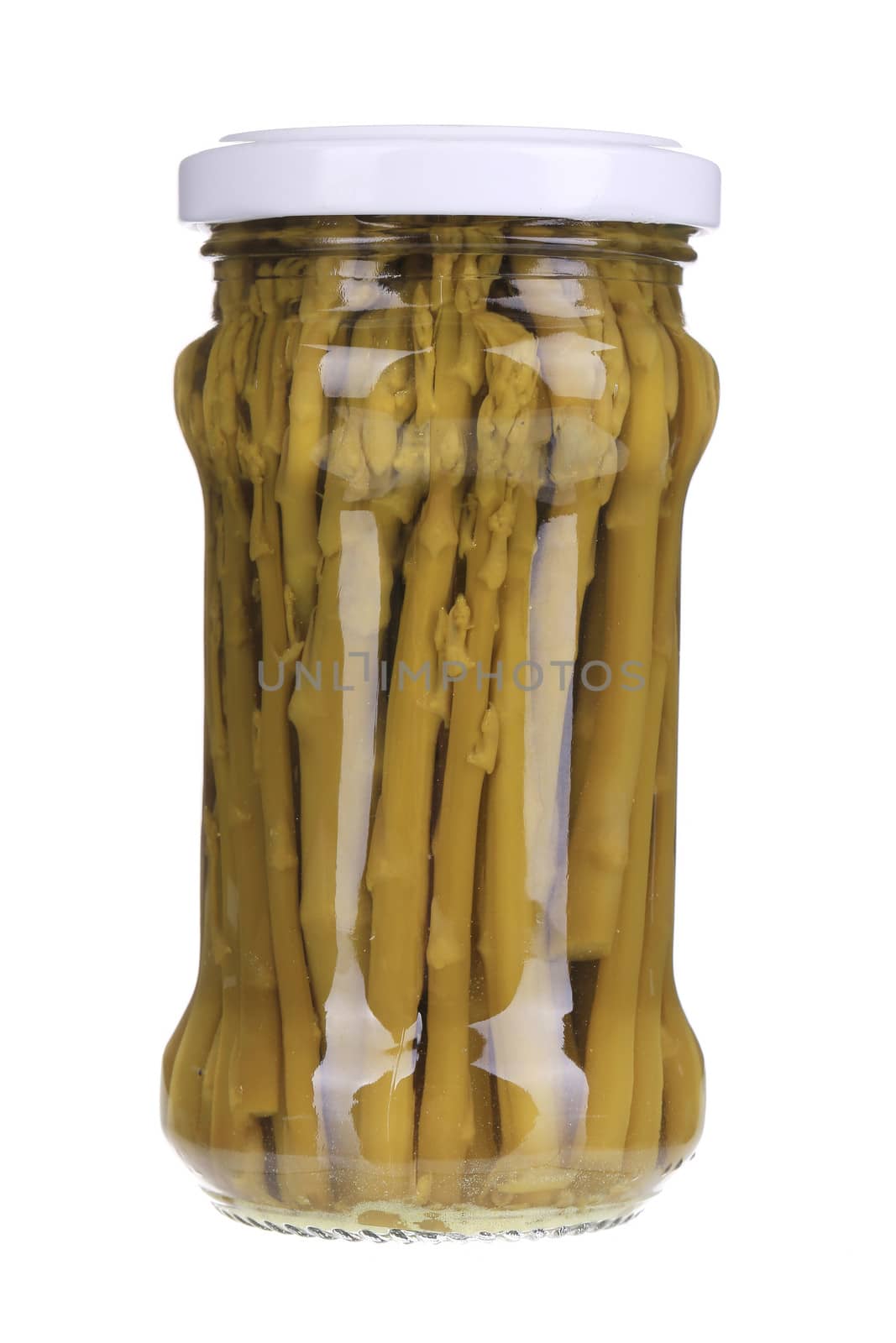 Close up of canned asparagus. Isolated on a white background.