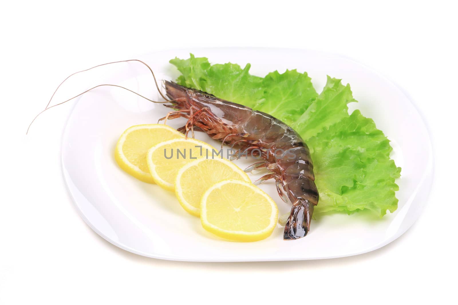 Raw tiger shrimps on plate. Isolated on a white background.