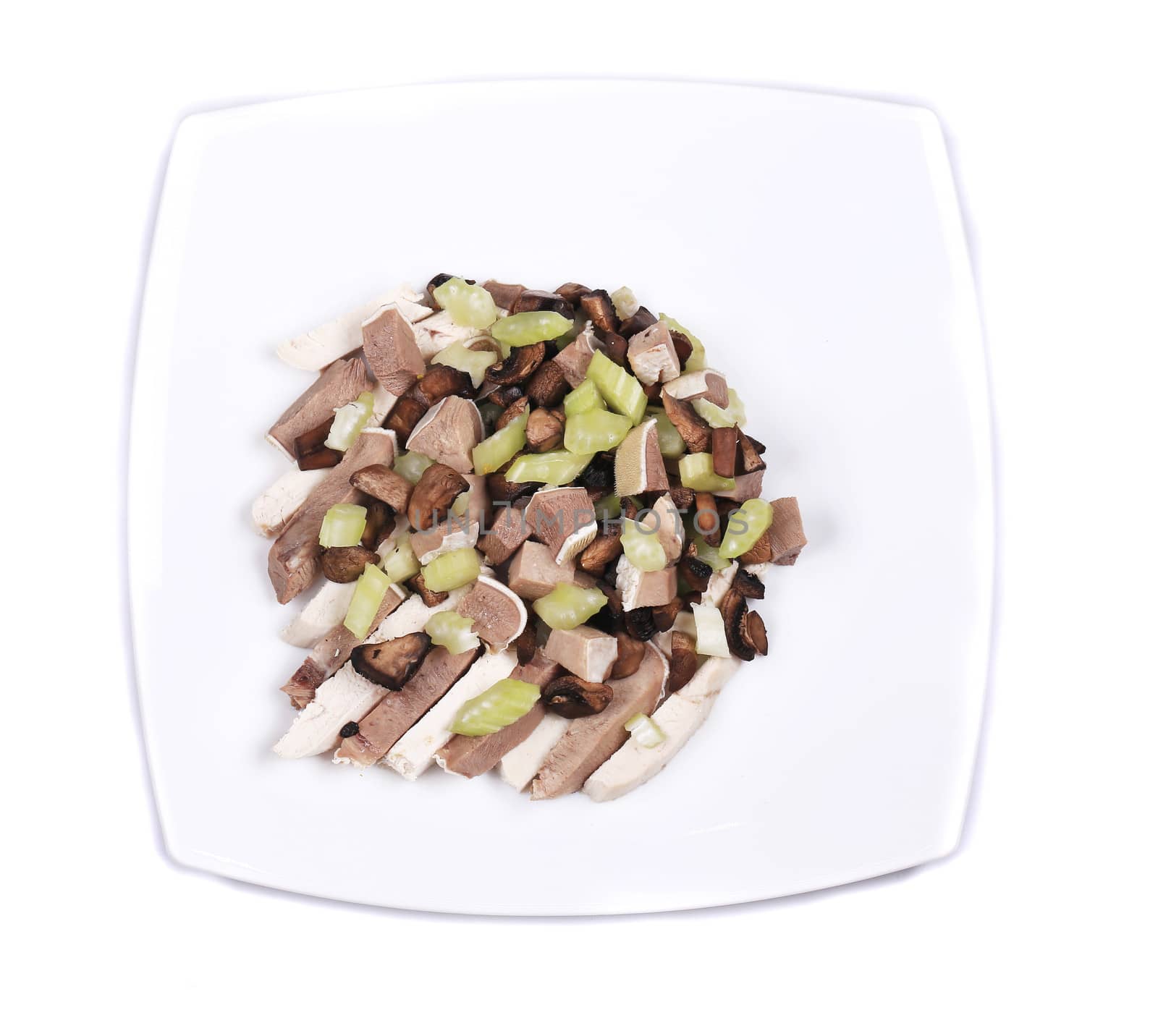 Meat salad with asparagus and celery. Isolated on a white background.