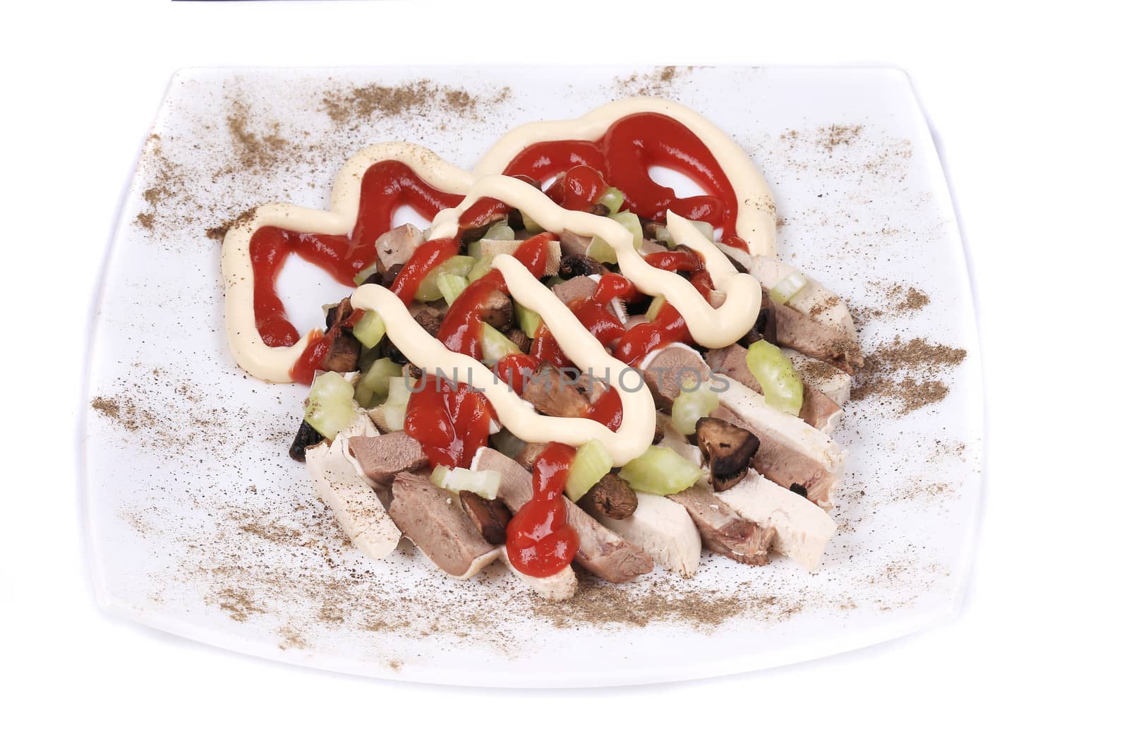 Meat salad with mushrooms. Close up. Isolated on a white background.