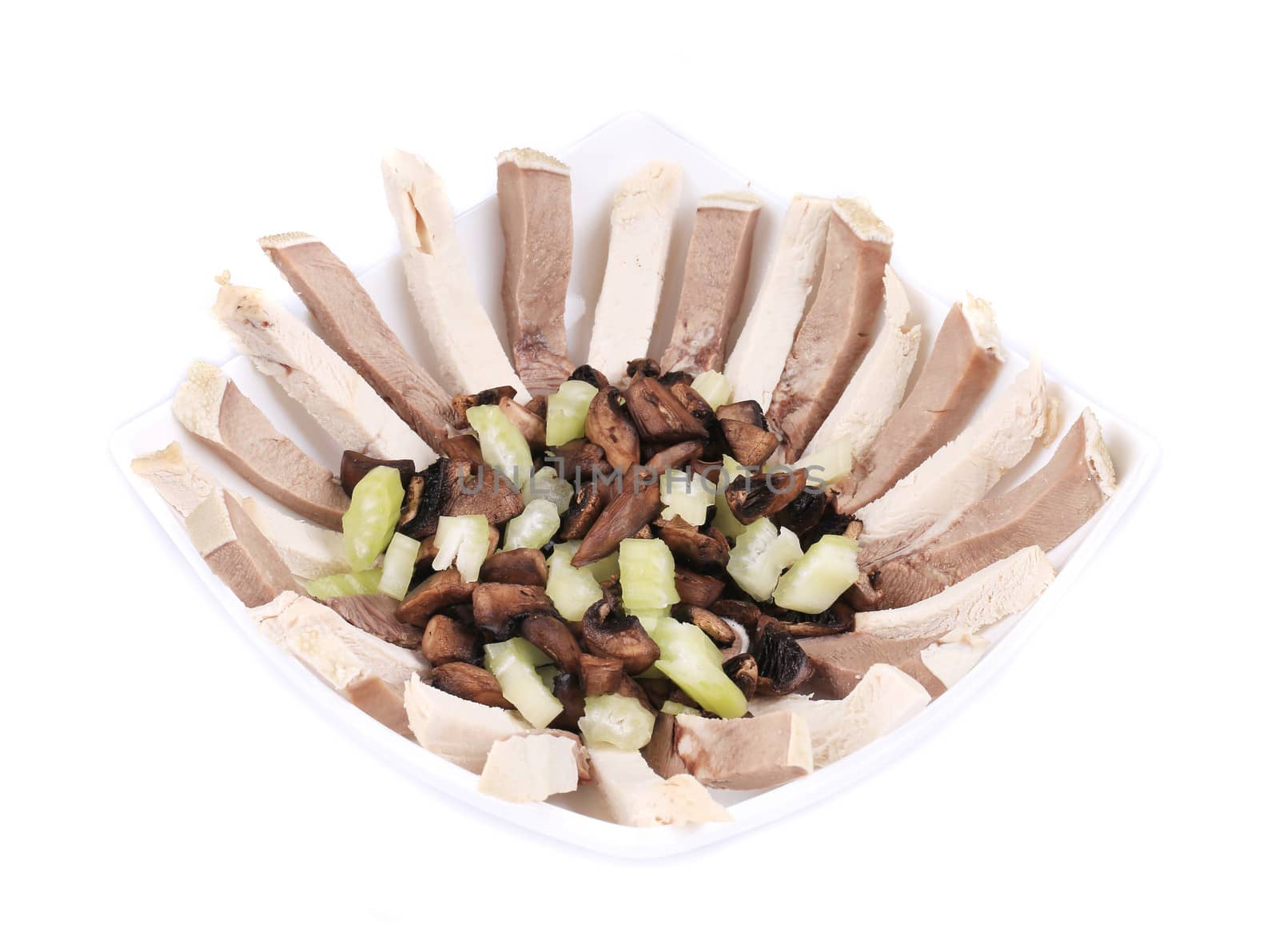 Salad with meat and mushrooms. Isolated on a white background.