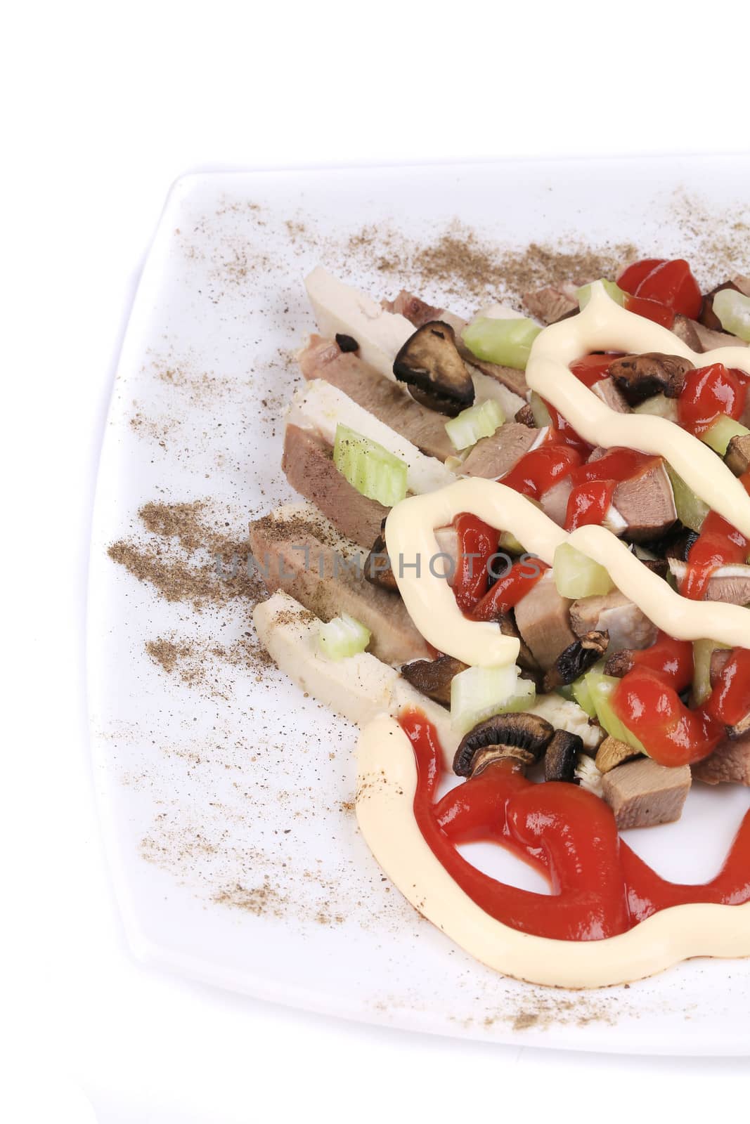 Meat salad with mushrooms. Close up. Whole background.