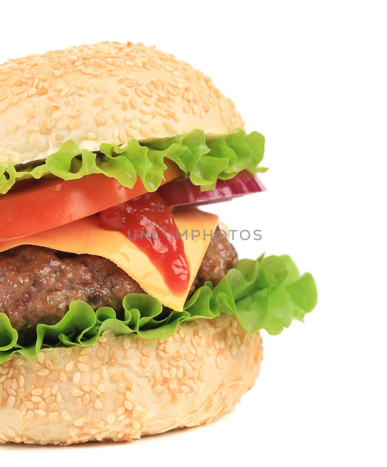 Big hamburger isolated on white. Whole background.