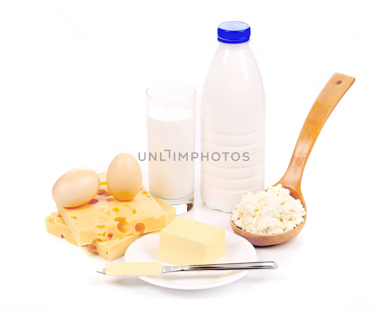 Cheese eggs and milk glass. Isolated on a white background.