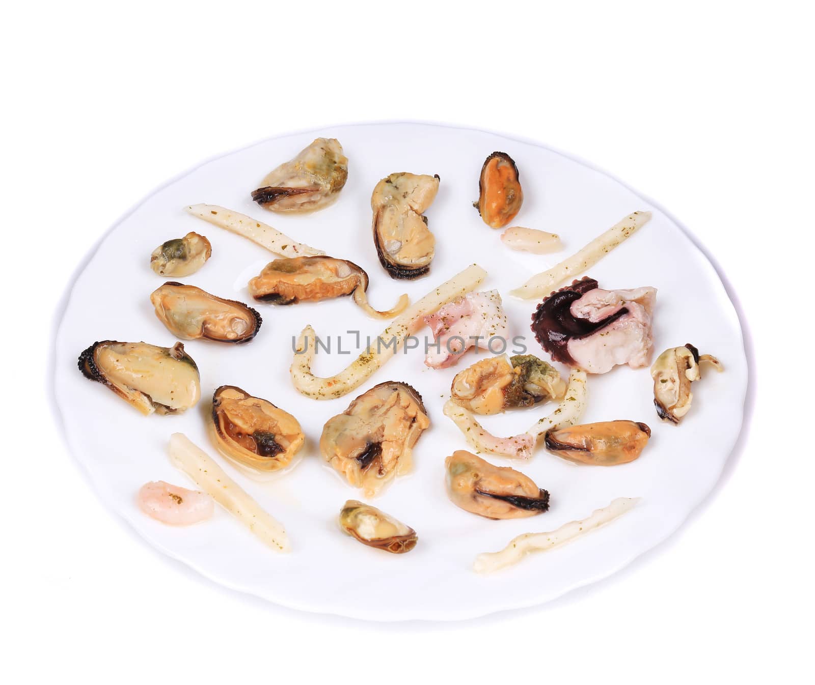 Delicious seafood on a plate. Isolated on a white background.
