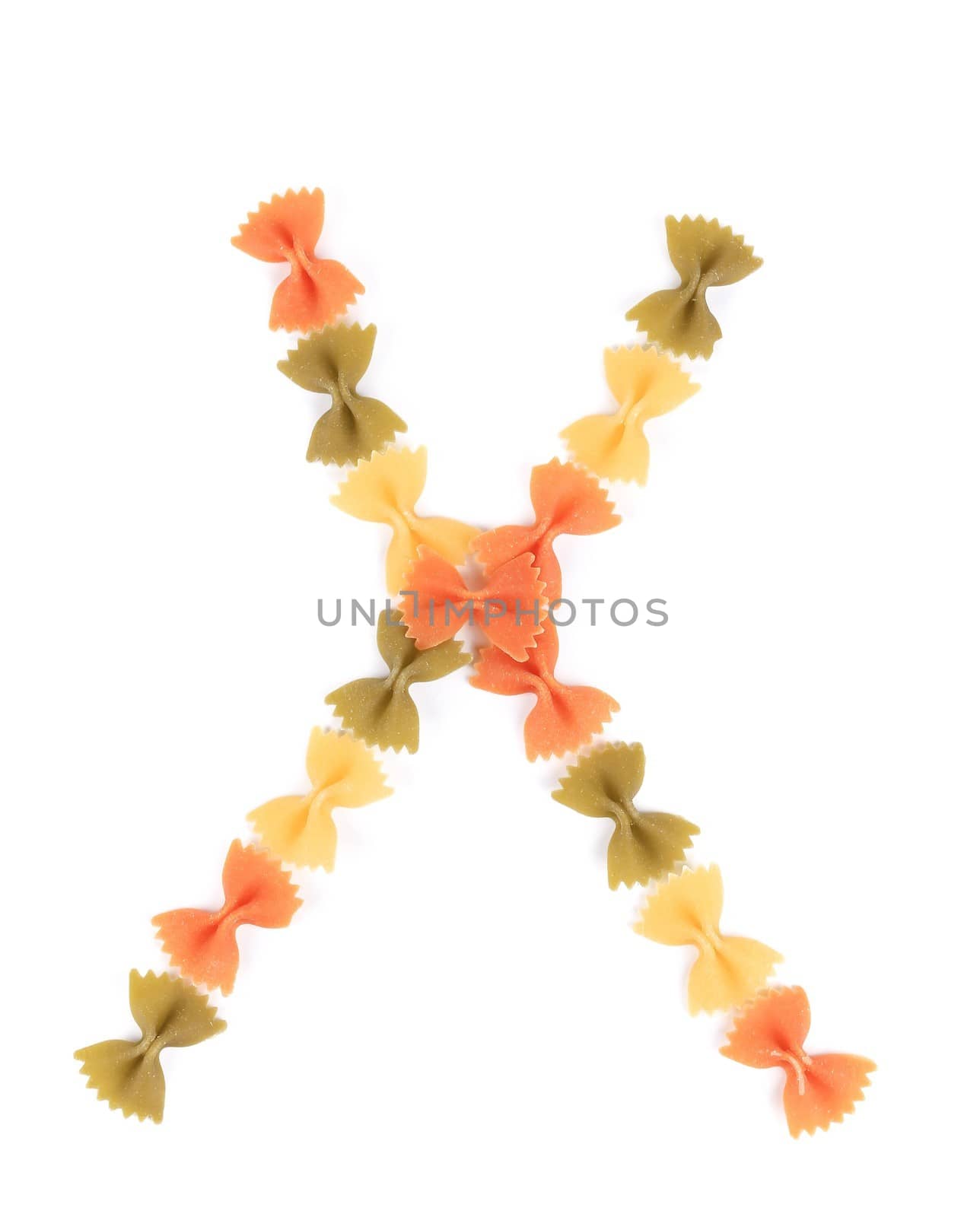 Letter X from the colorful pasta. Isolated on a white background.