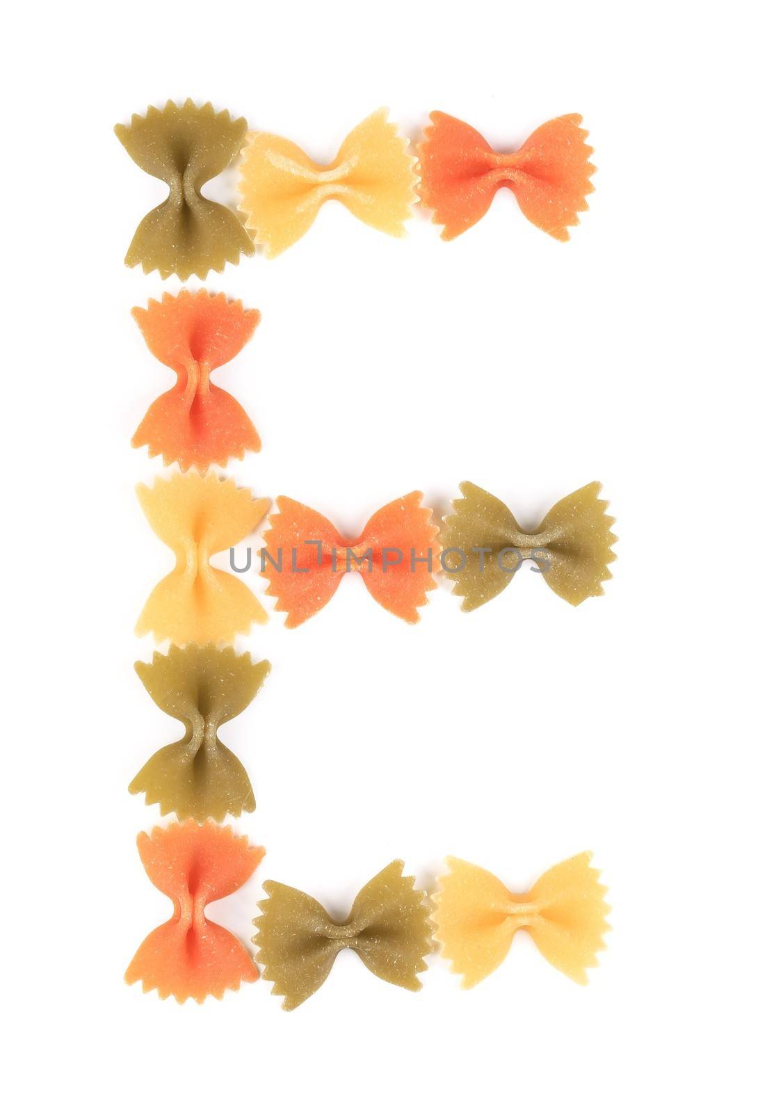 Letter E from the colorful pasta. Isolated on a white background.