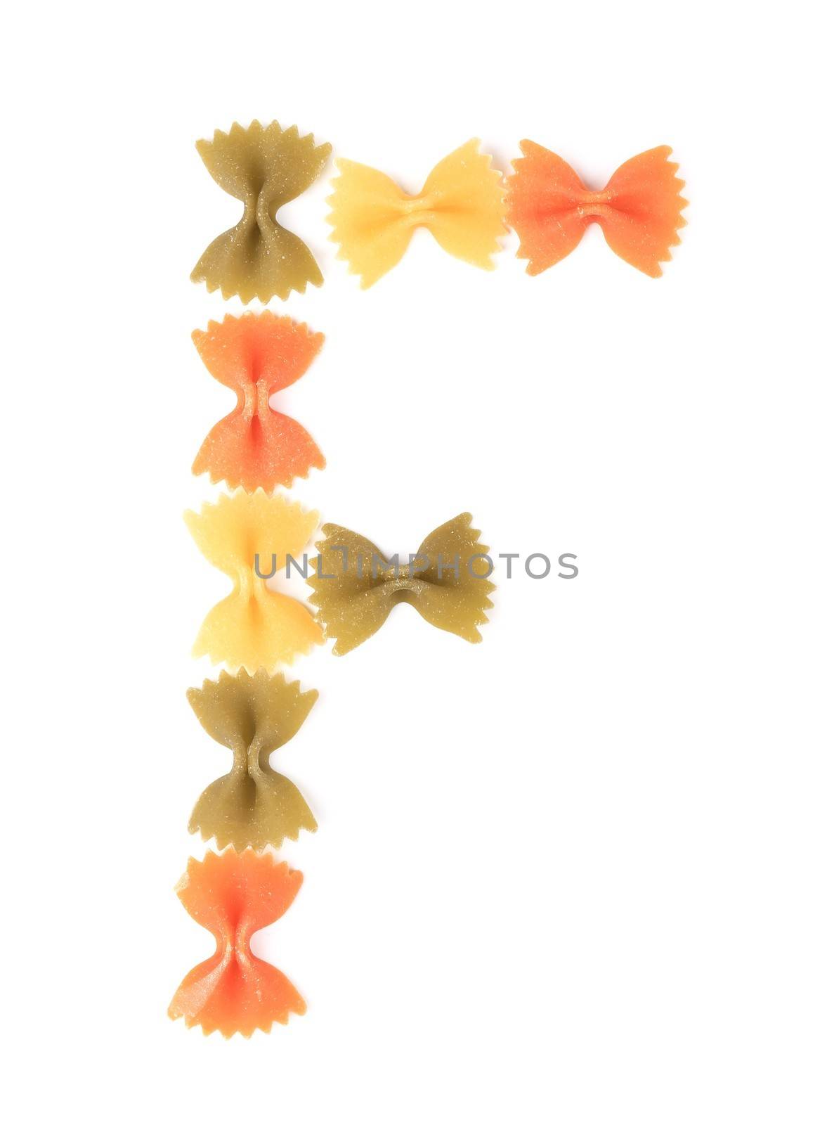 Letter F from the colorful pasta. Isolated on a white background.