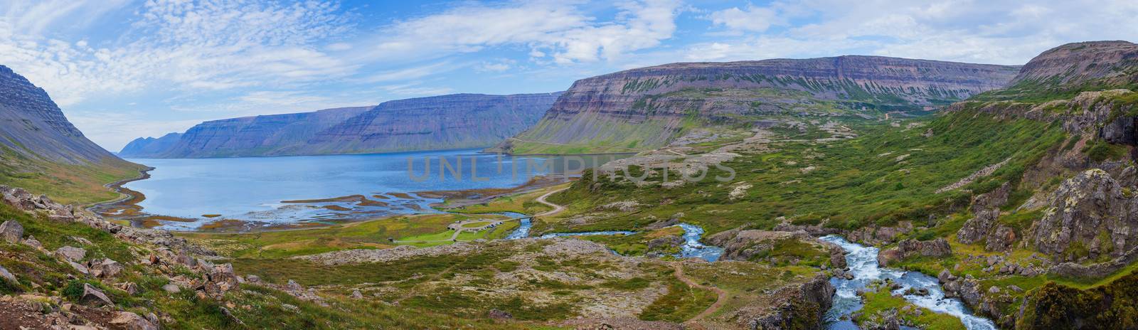 West Iceland Sea Lagoon Landscape at Summer Sunny Weather. Panorama