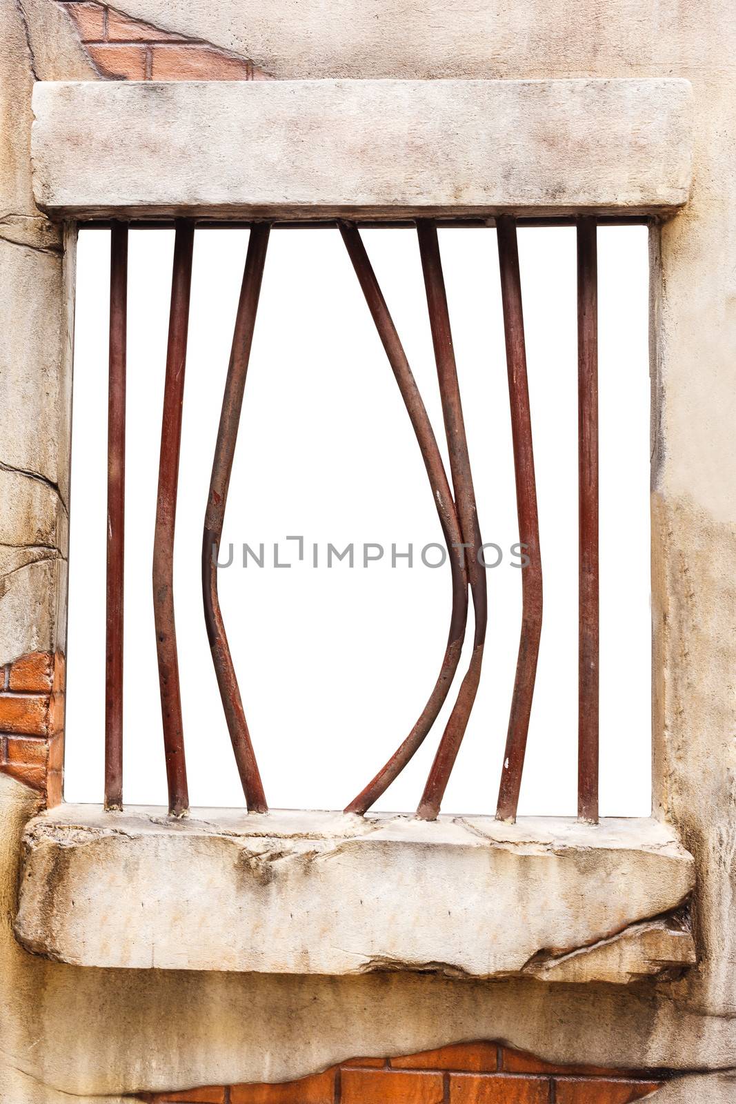 jail window on brick wall, white background