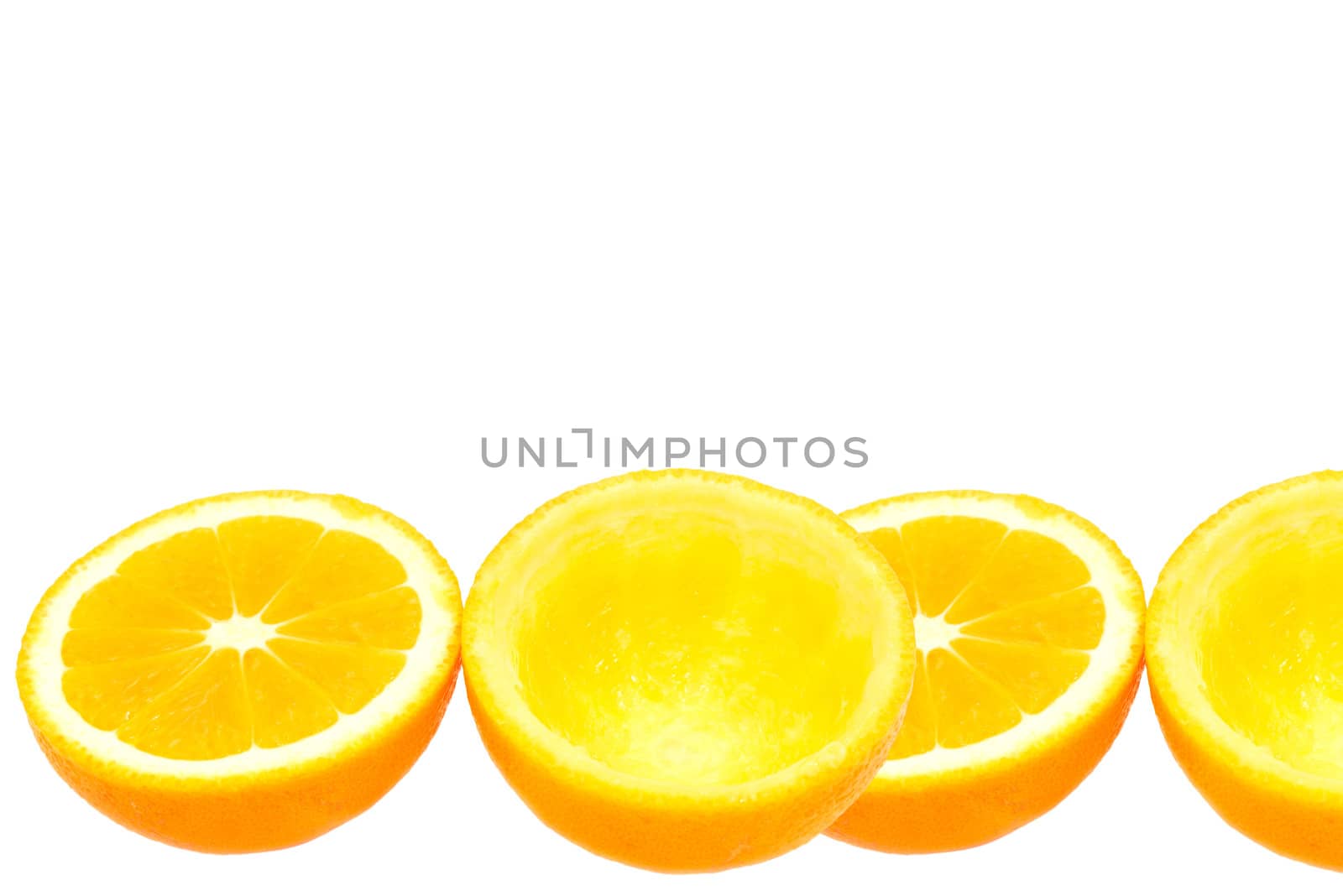 squeezed orange halves without squeezing, isolated on white background with space for writing text